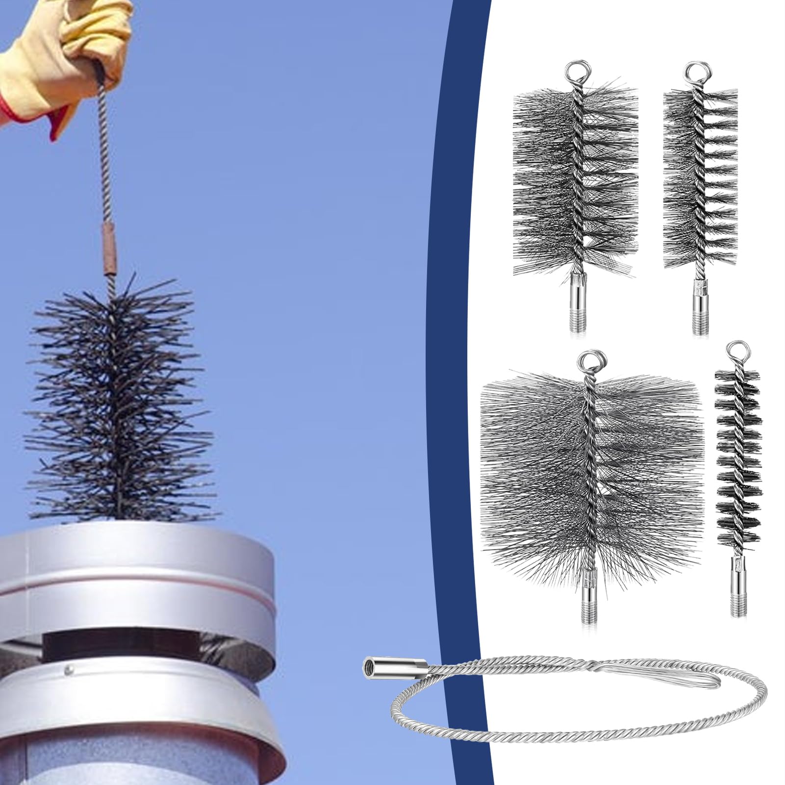Juego de Cepillos para Limpieza de Tubos de Estufa,Cepillo Limpiador de Tubos para Chimeneas Acero Inoxidable - Kit Completo Limpieza Flexible Secadoras Calderas Parrilla Hogar