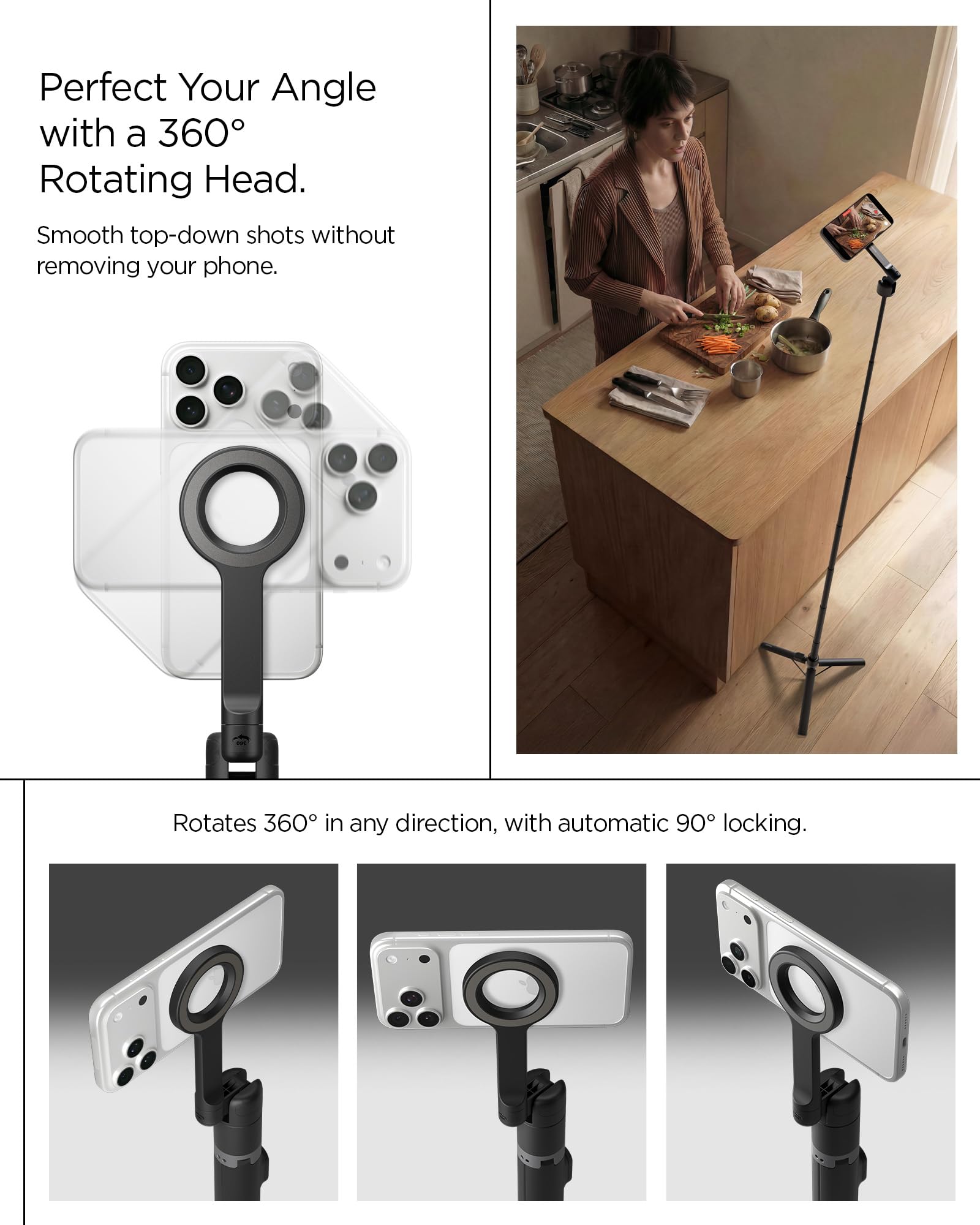 Spigen S582W Selfie Stick Treppiede MagSafe, Bastone Selfie con Telecomando Bluetooth, Estensibile 166,5 cm, Testa 360°, Supporto Magnetico, Anello Universale - Nero