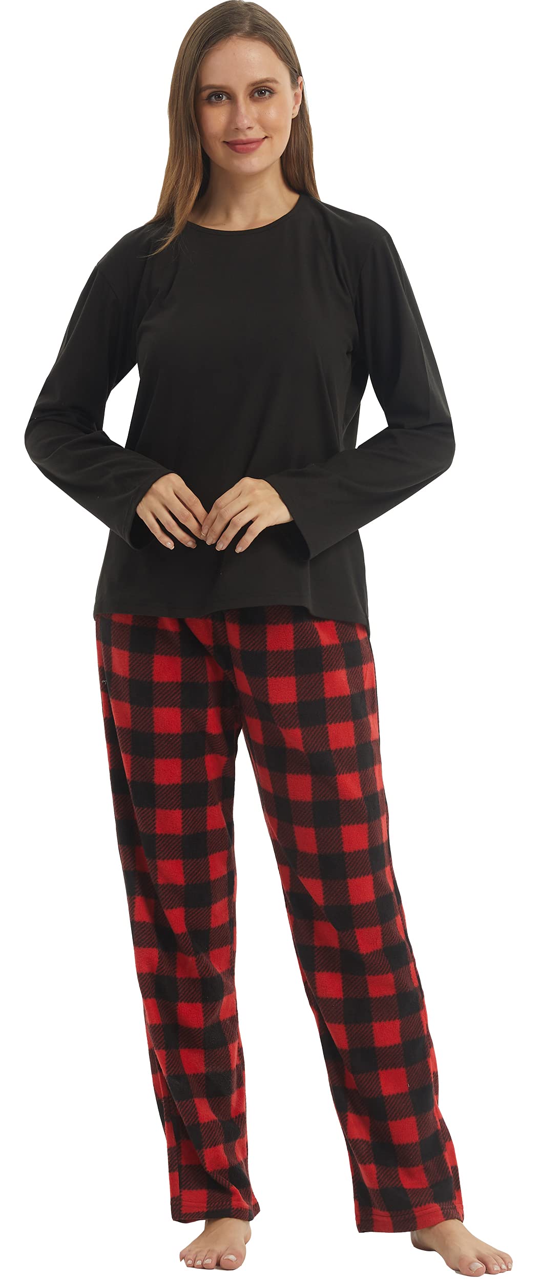 YUSHOWWinter Pyjamas Womens Pyjamas Set Ultra Soft Microfleece Long Sleeve  Top Fleece Checked PJs Bottoms Pyjamas for Women Lounge Wear Sets
