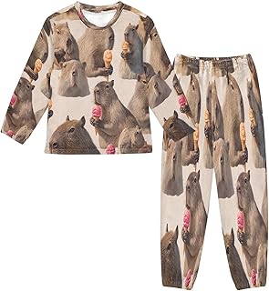 Fleece Pajamas Set Icecream Capybara Animal Long Sleeve Sleepwear Winter 2 Piece Pjs Set 6-16 Years