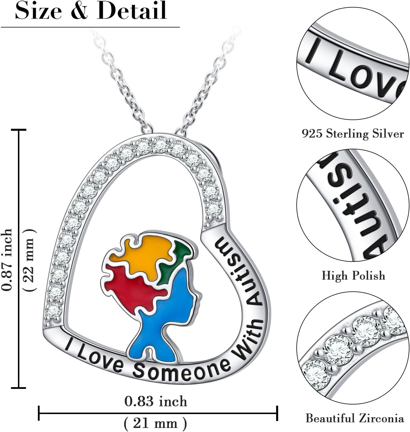 DAOCHONG S925 Sterling Silver Autism Awareness Necklace Puzzle Piece Pendant ASD Jewelry Inspirational - Image 5