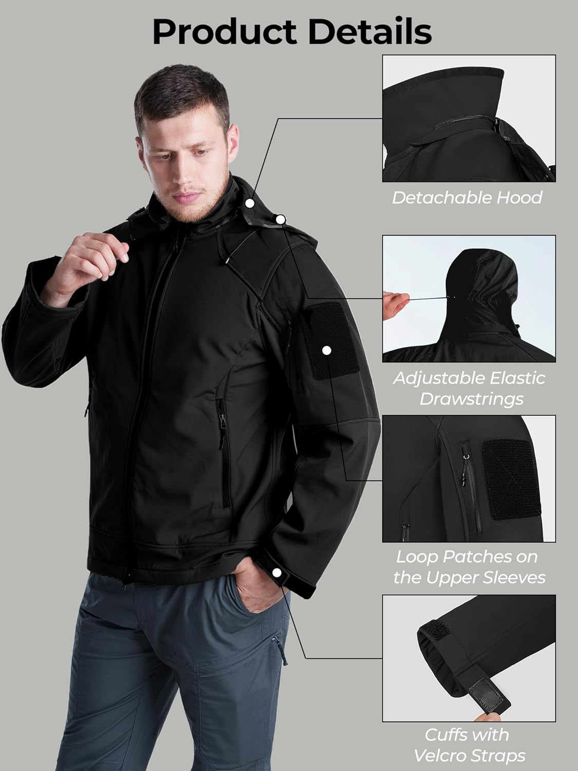 Men's Waterproof Softshell Jacket,Windproof Fleece Lined Winter Coat with Hood,Lightweight and Warm - Image 6