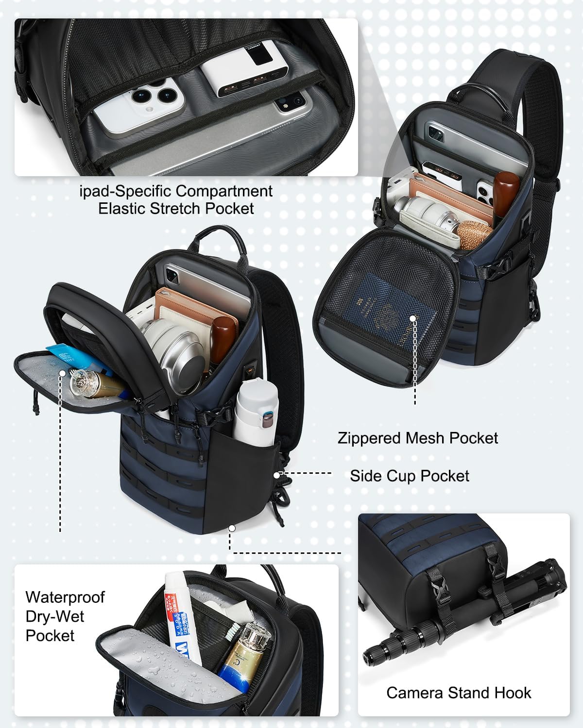 Somago Sling Backpack with USB Charging Port Water-Resistant Tactical Backpack Crossbody Chest Bag with Anti-theft Pocket (Navy)