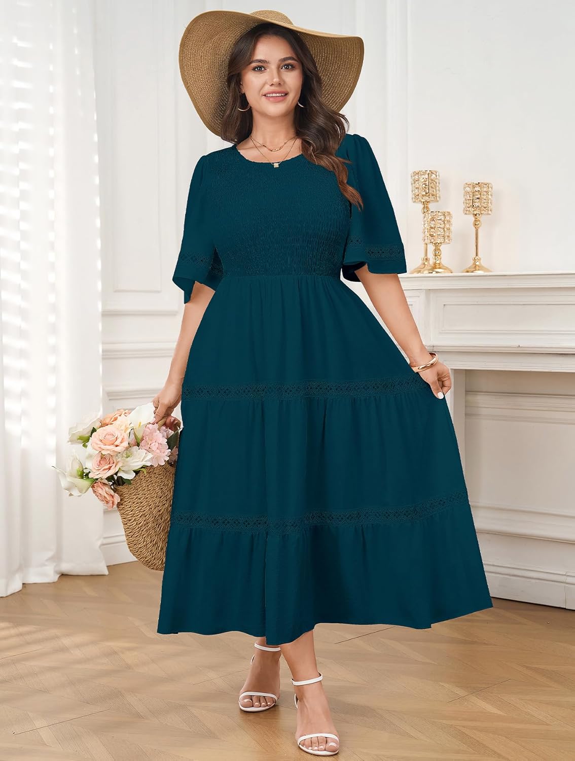 SCOMCHIC Women's Plus Size Maxi Dress Casual Crewneck Smocked Boho Elegant Hollow Out Summer Wedding Guest Dresses - Image 7