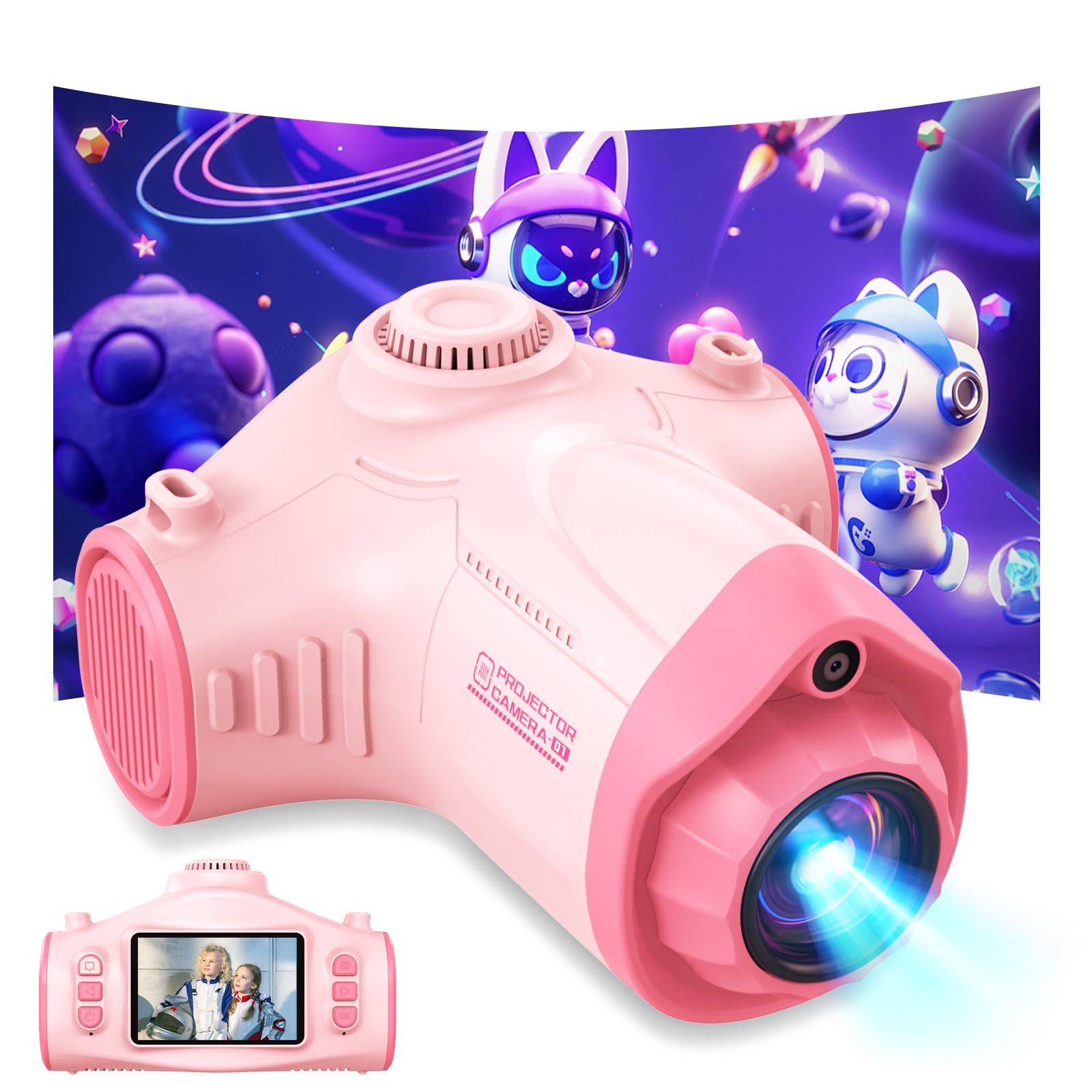 Kids Photo Camera, 3 in 1 Projector Camera for Children 48MP 1080P Photo Camera Kids with Tripod 32GB Card 2500mAh Battery, Gift for 3 4 5 6 8 7 9 10 11 12 Years Old Boys and Girls, Pink