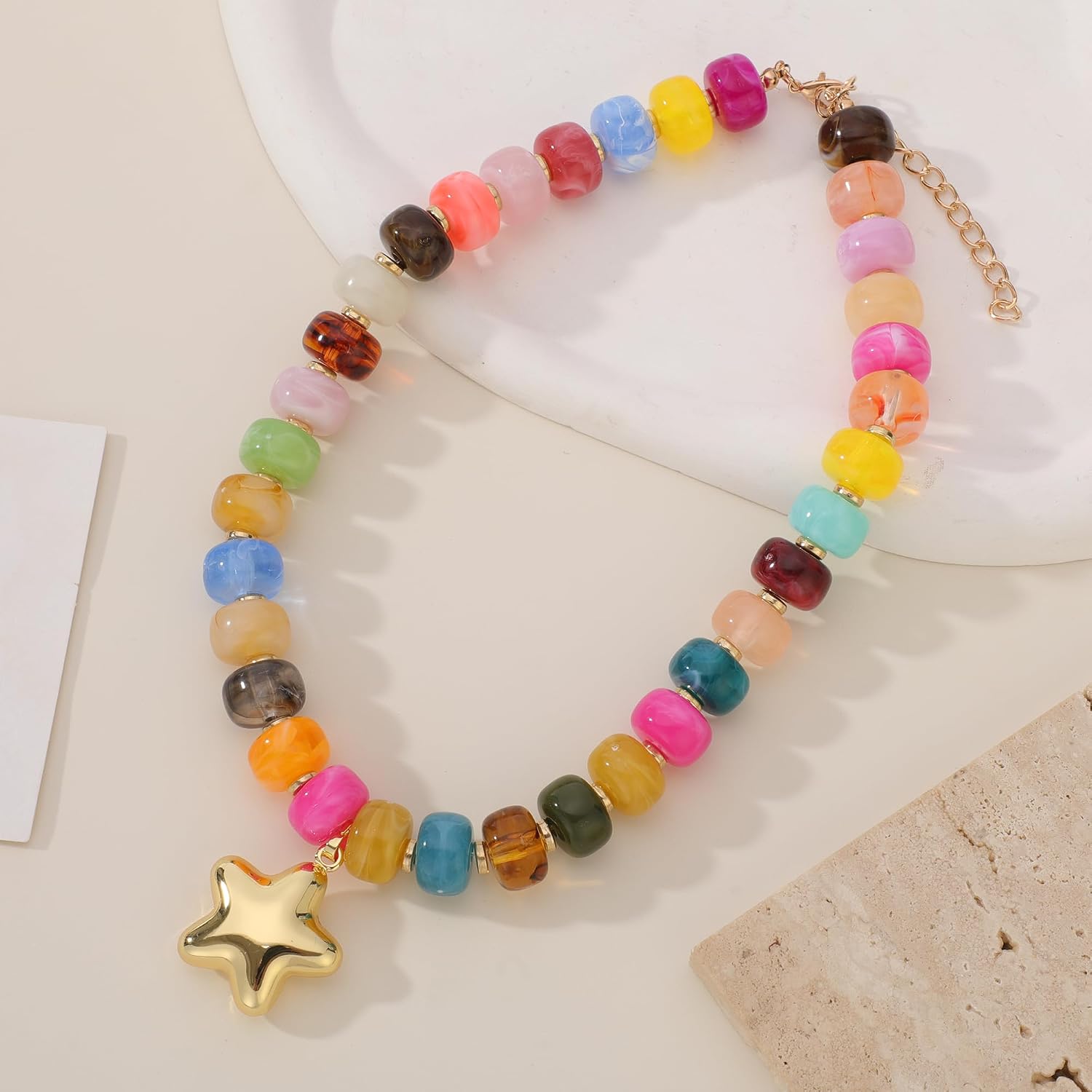 MQV Chunky Gold Star Colorful Rainbow Bead Necklace Summer Beach Jewelry image 4