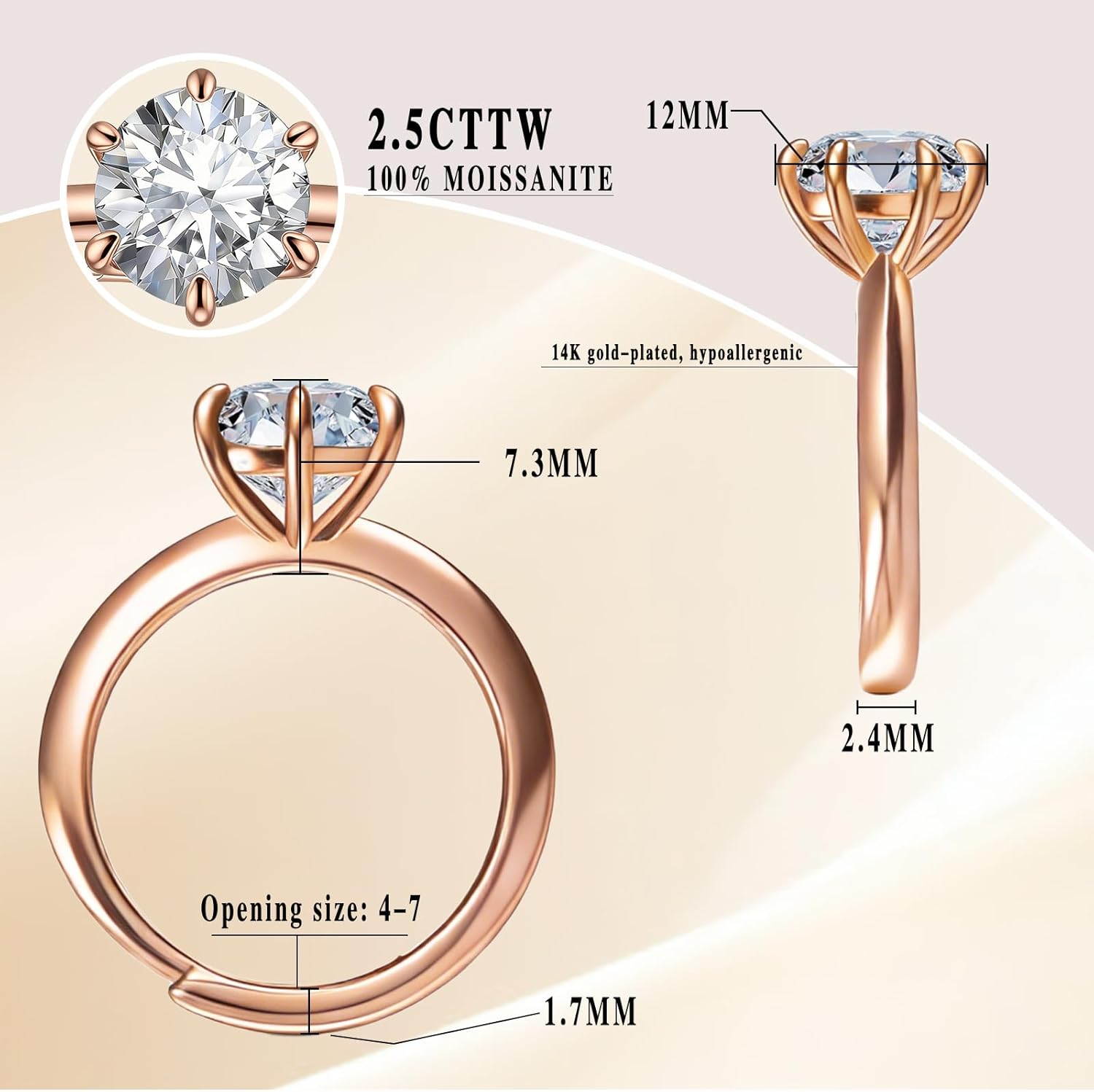 Round Cut Solitaire Engagement Ring for Women, 14K Rose Gold Plated 2.5CT Moissanite Wedding Ring, Classic 6 Prong Promise Ring，Wedding & Anniversary Jewelry Gift Adjustable Ring 4-10