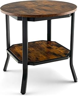 COSTWAY Round Side Table, 2-Tier Industrial Sofa End Table Accent Nightstand with Storage Shelf, Metal Frame Wooden Coffee Snack Tea Table for Living Room, Bedroom and Office, Rustic Brown