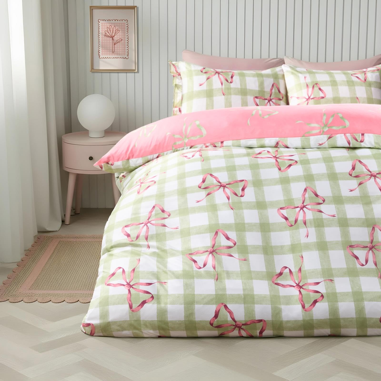 OHS Duvet Cover Set - Gingham Check & Bow Print - King - Microfibre