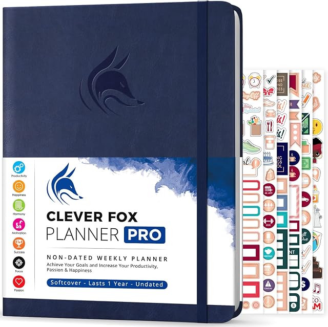 Clever Fox Planner PRO  Weekly & Monthly Life Planner to Increase Productivity, Time Management and Hit Your Goals  Organizer, Gratitude Journal  Undated  21.5x28cm  Lasts 1 Year (Dark Blue)