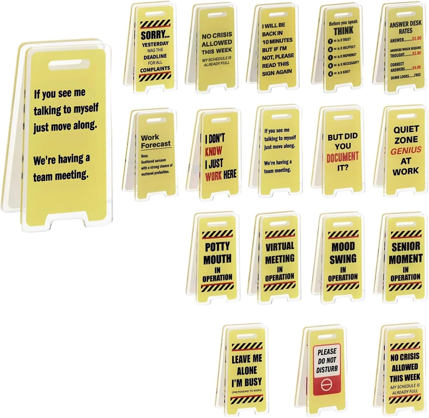 18 Pcs Mini Funny Desk Signs, Novelty Caution Warning Plates with Diverse English Slogans, Acrylic Note Holder Clips for Office Gag Gifts, Workplace Humor, Creative Desk and Cubicle Decor