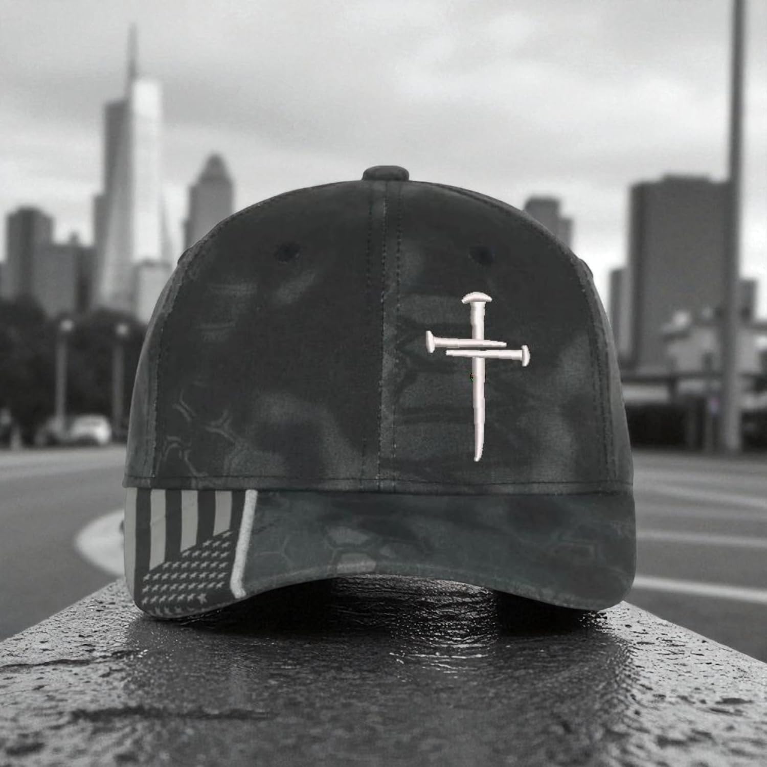 Christian Cross Baseball Cap, Religious Sacred Nails Design, Typhoon CAMO HAT with Gray Embroidered Cross and Free 4" Window Decal.