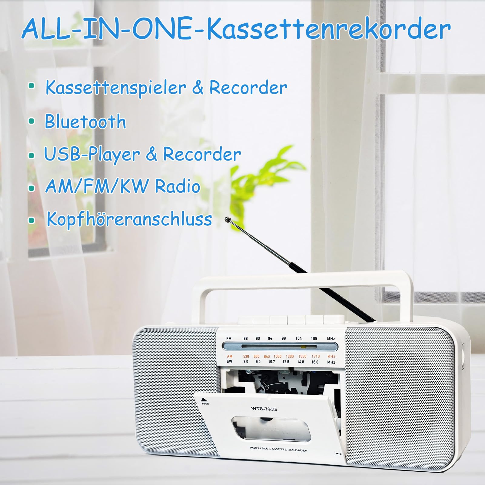Lecteur cassette Boomboxe Bluetooth, enregistreur AM/FM/W, convertisseur cassette MP3, haut-parleur 10"