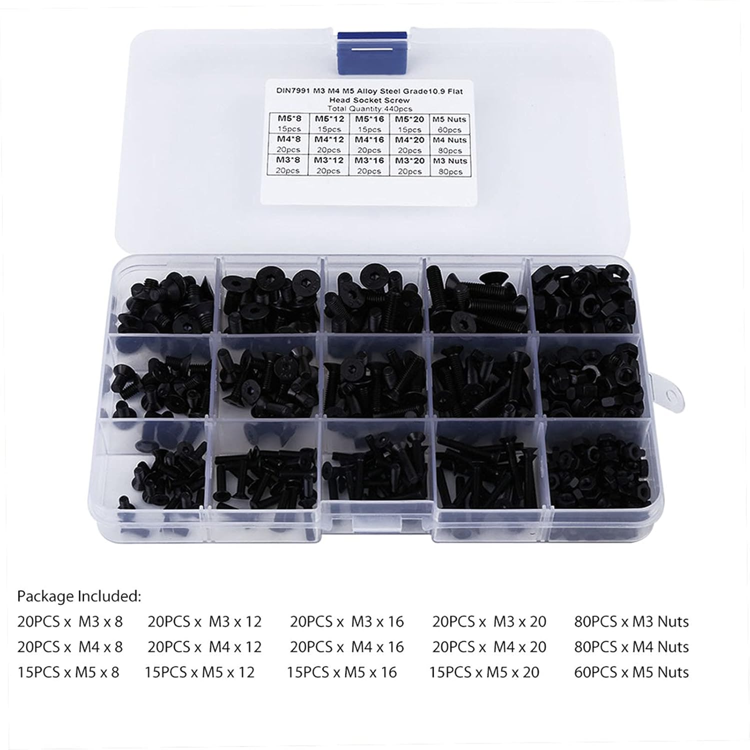 440pcs Alloy Steel M3 M4 M5 Hex Socket Flat Head Screw Nut with Plastic Case