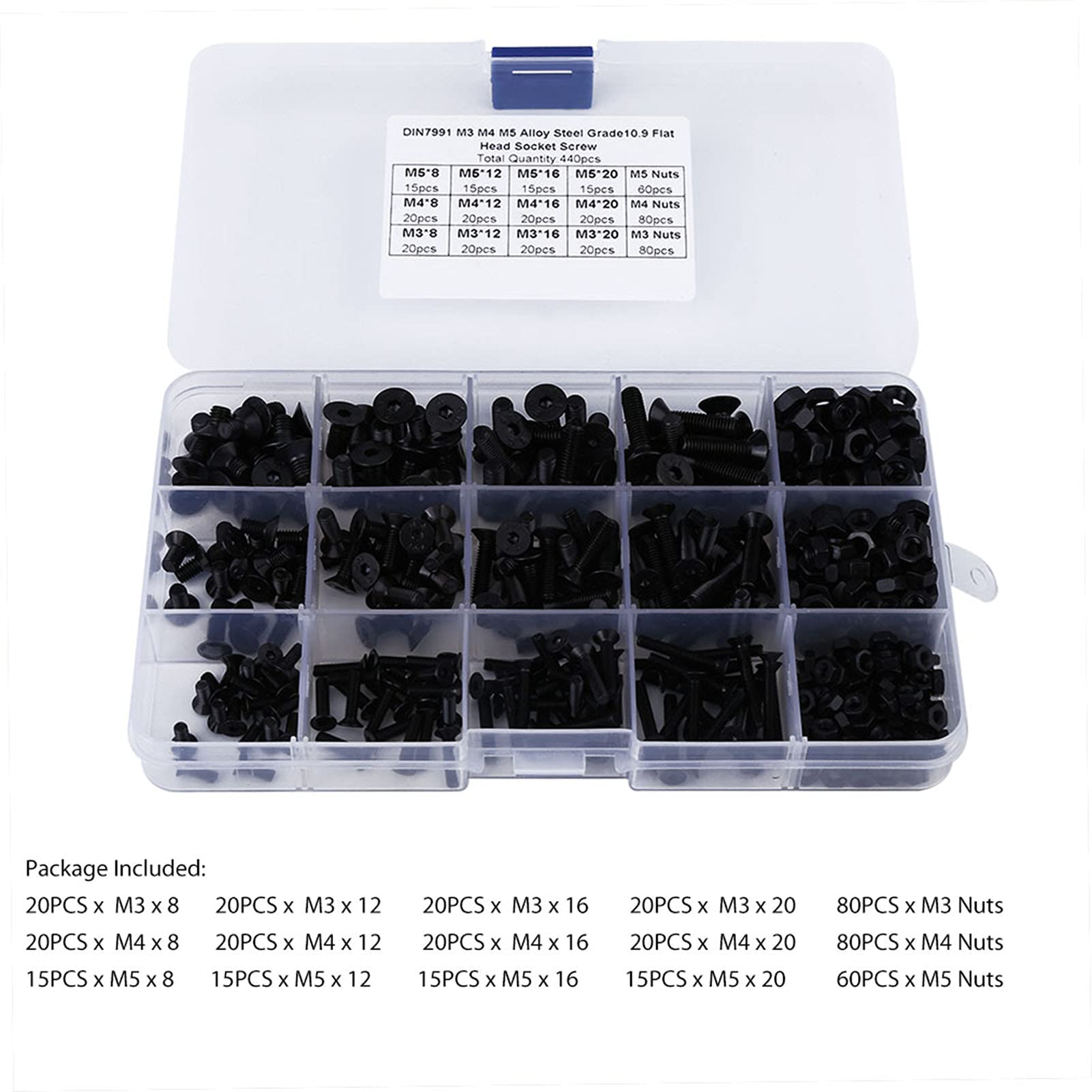 Juego de tornillos y tuercas de cabeza plana M3, M4, M5, de aleación de acero, 440 unidades, con caja de plástico, color negro