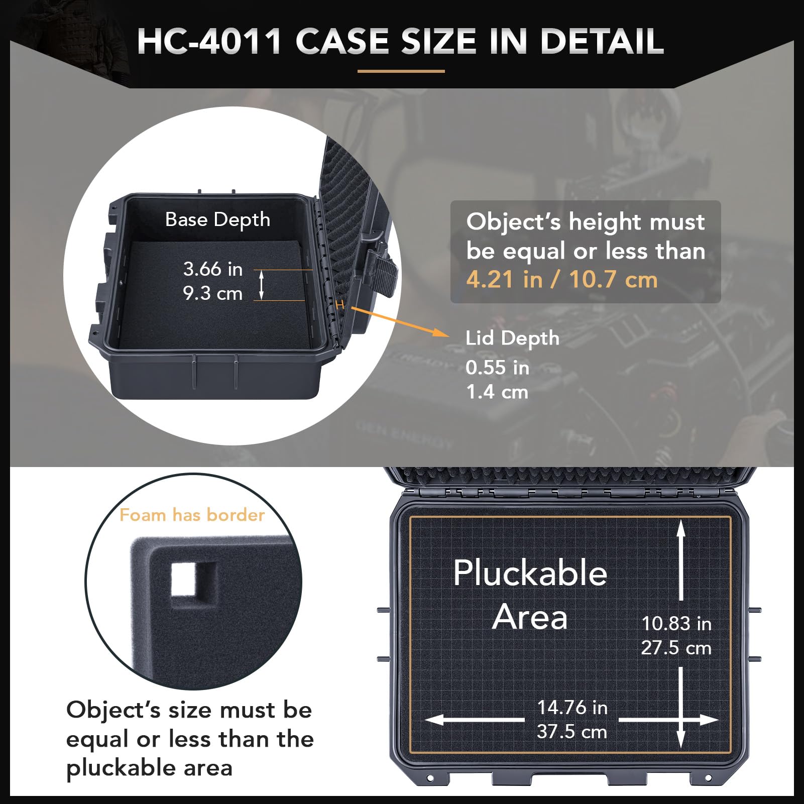 Lykus HC-4011 Maletín/Maleta/Estuche/Case rígida Impermeable con Espuma Personalizable, Tamaño Interior 39,5x29,5x13 cm, Adecuado para electrónica y más | Espuma impermeable IP67, apta para cámaras, lentes, equipos electrónicos y más