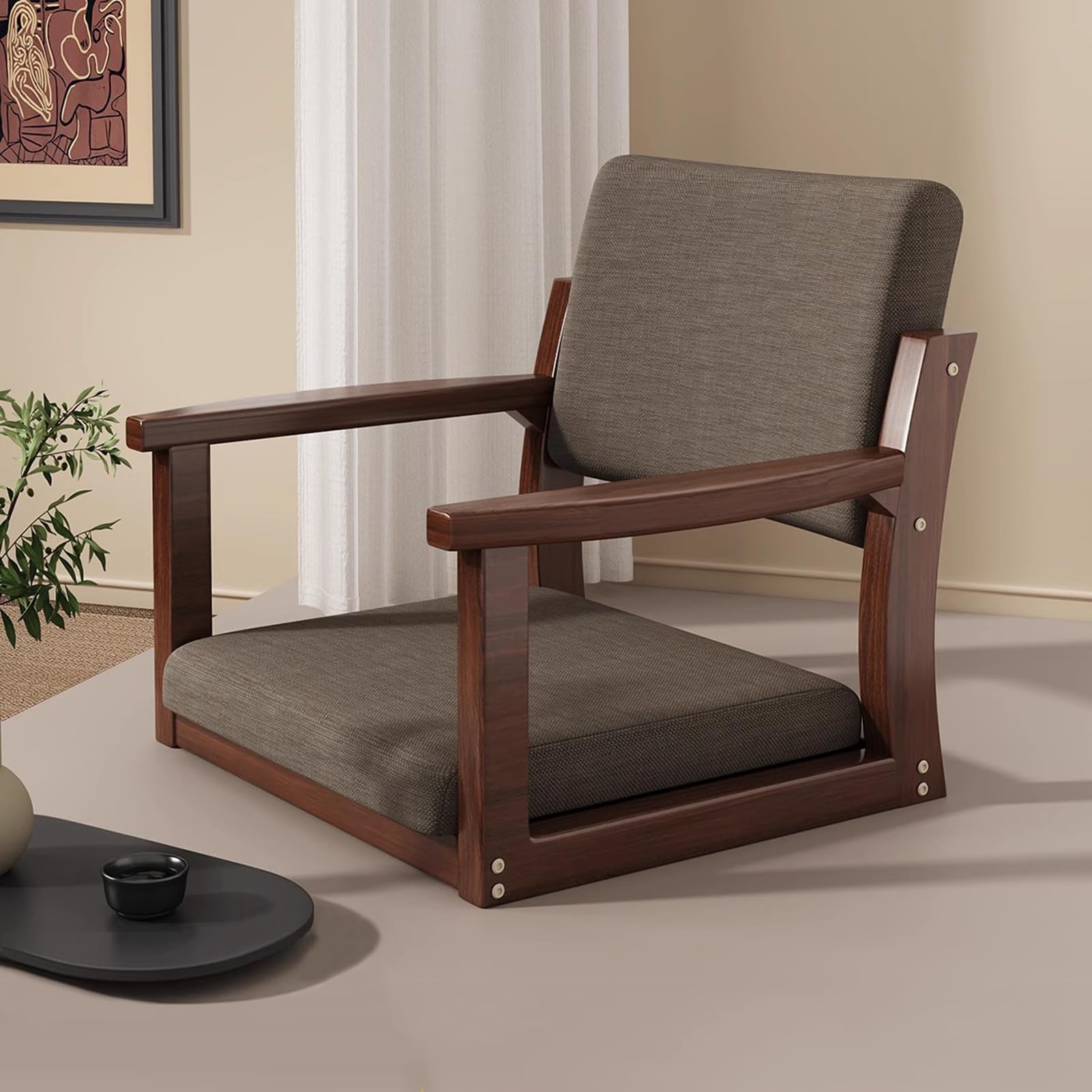 Tatami Chair with Arm Wood Padded Legless Chair Armchair Japanese Tatami Floor Seating for Reading Meditating Living Room Balcony Chair