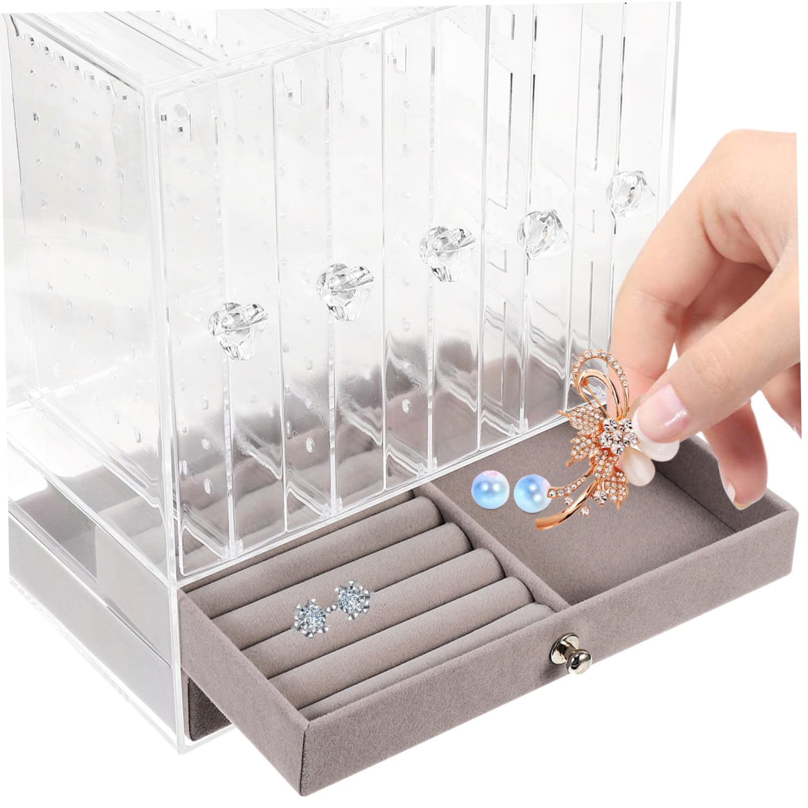 Schmuckkästchen und Vertikalen Ohrclip Halterungen mit Doppellagiger Schublade aus Acryl Einfache Schmuckaufbewahrung für Armbänder und Halsketten Am Tresen