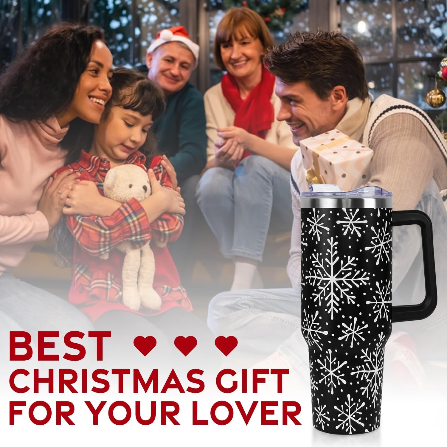 Christmas Tumbler with Handle and Straw Lid 40 oz,5D Cute Christmas Gifts for Women Black Snowflakes Vacuum Insulated Leak Proof Tumbler,Winter Holiday Accessories Stainless Steel Coffee Cup Mug - Image 7