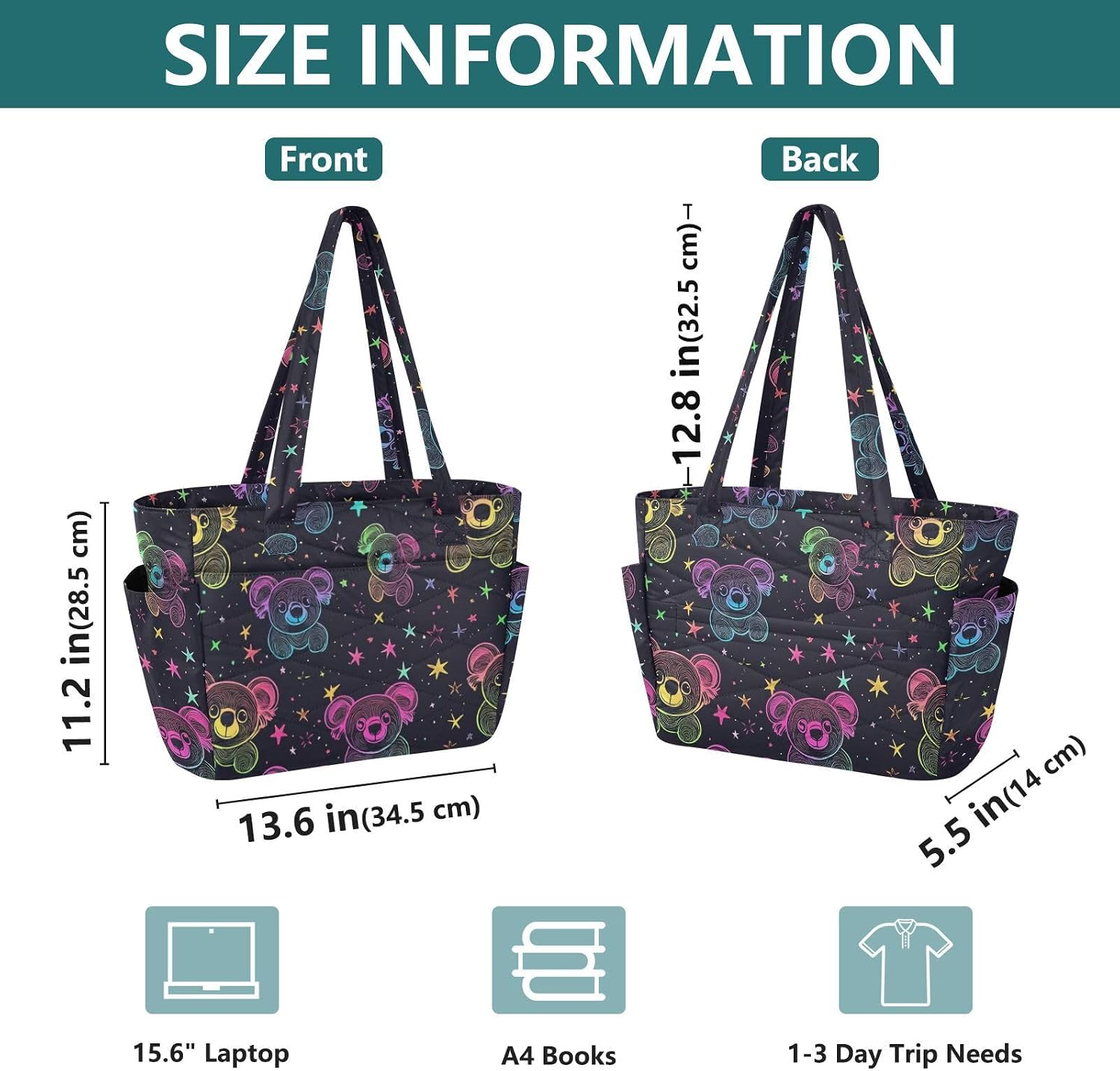 Cute Animal Koala Bear Neon Star Utility Tote Bag Work Bag for Gym & Everyday Use with Cup Holder Bolsa para el Trabajo