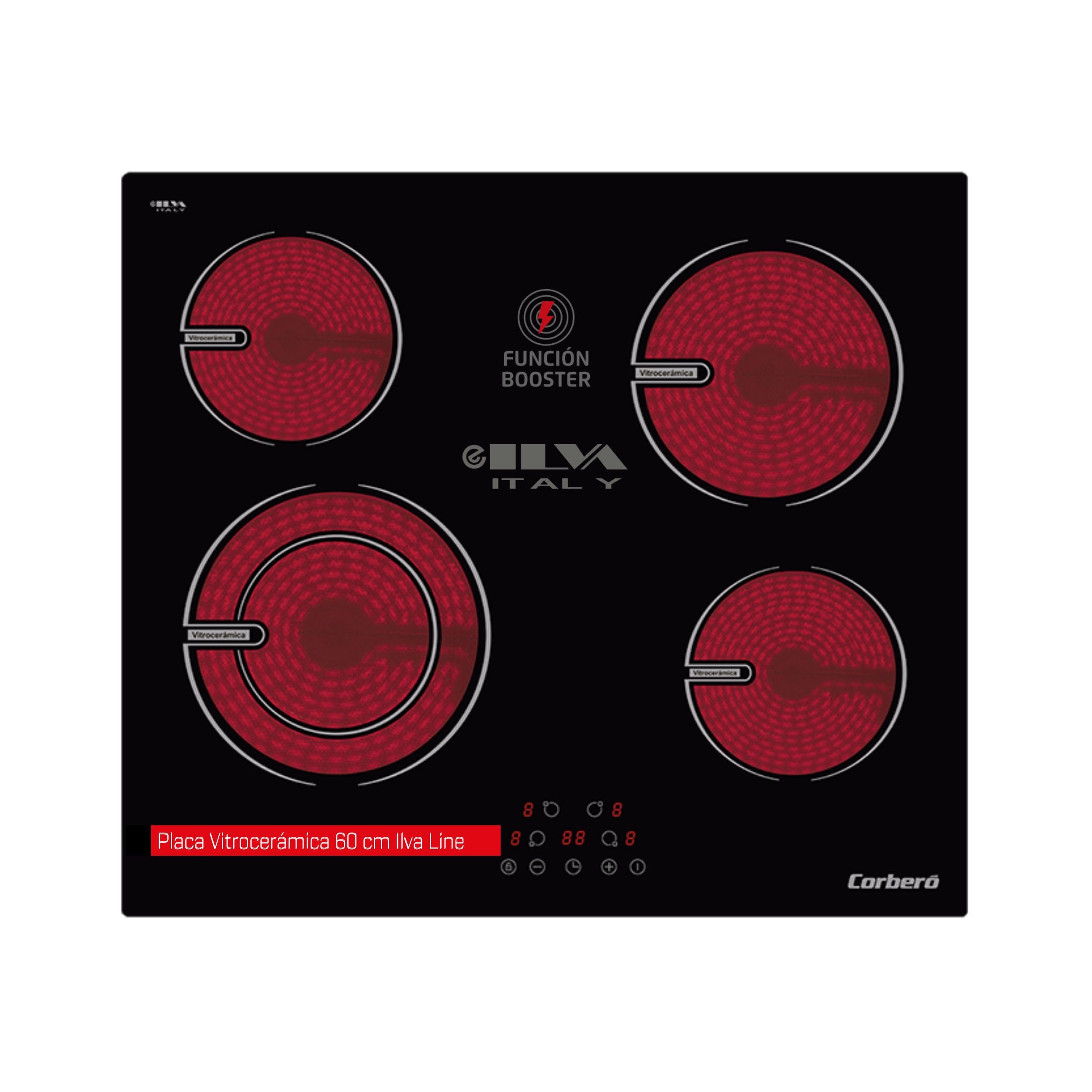 Corberó - Placas Vitrocerámica 60 cm CCVG8422 | 4 Zonas | 6400 W | Touch Control | Booster | Temporizador 99 Min | 9 Niveles Potencia | Bloqueo Seguridad niños, Negro, Vitrocerámica