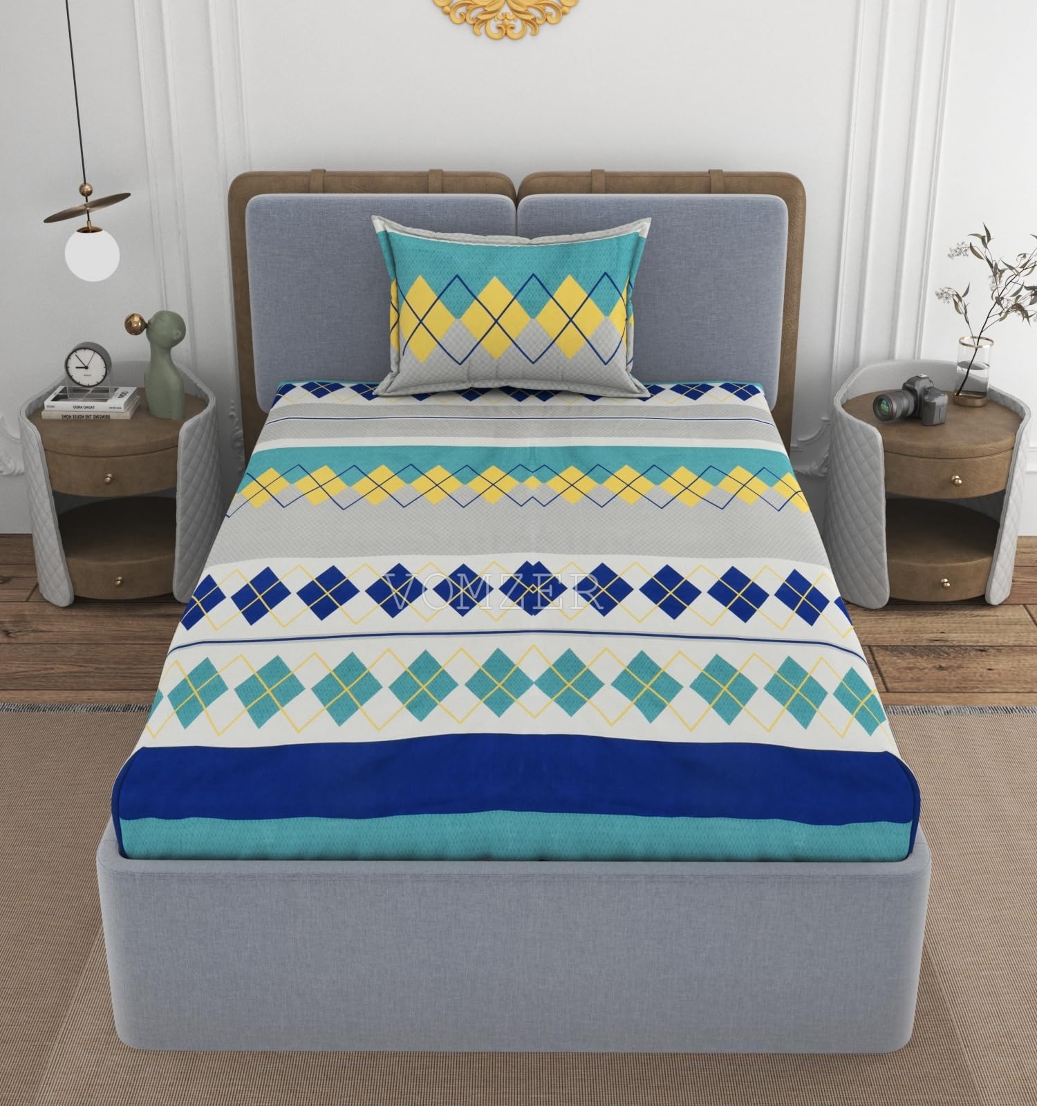 VOMZER 300 Tc Elastic Fitted Bedsheets Single Bed With 1 Pillow Cover | All Around Elastic, Size 36 X 72 10 Inches (Blue Boxprinted, Single)