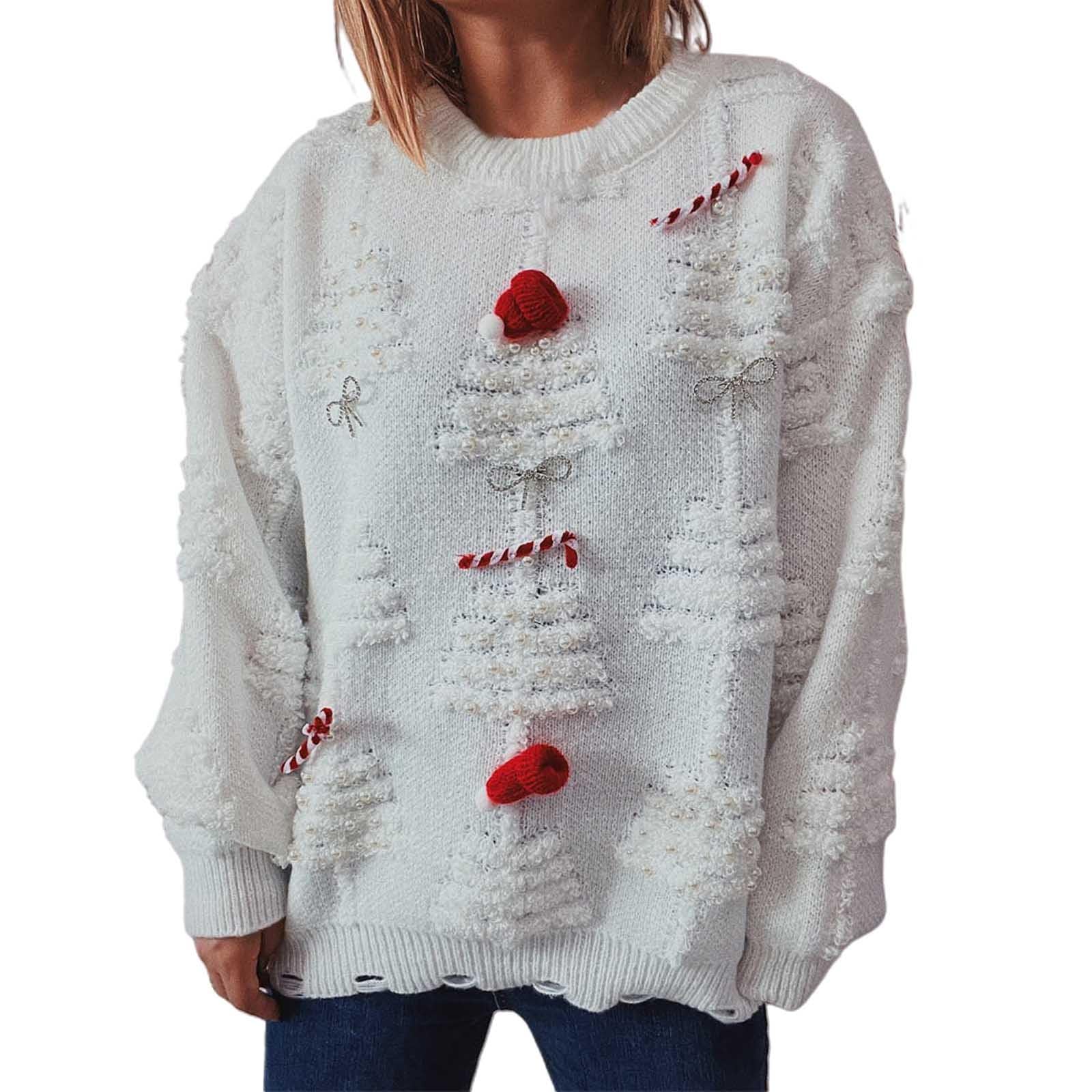 Maglione natalizio da donna a girocollo con spacco natalizio, lavorato a maglia, con motivo grafico albero di Natale, top eleganti ed eleganti, maglioni a tunica