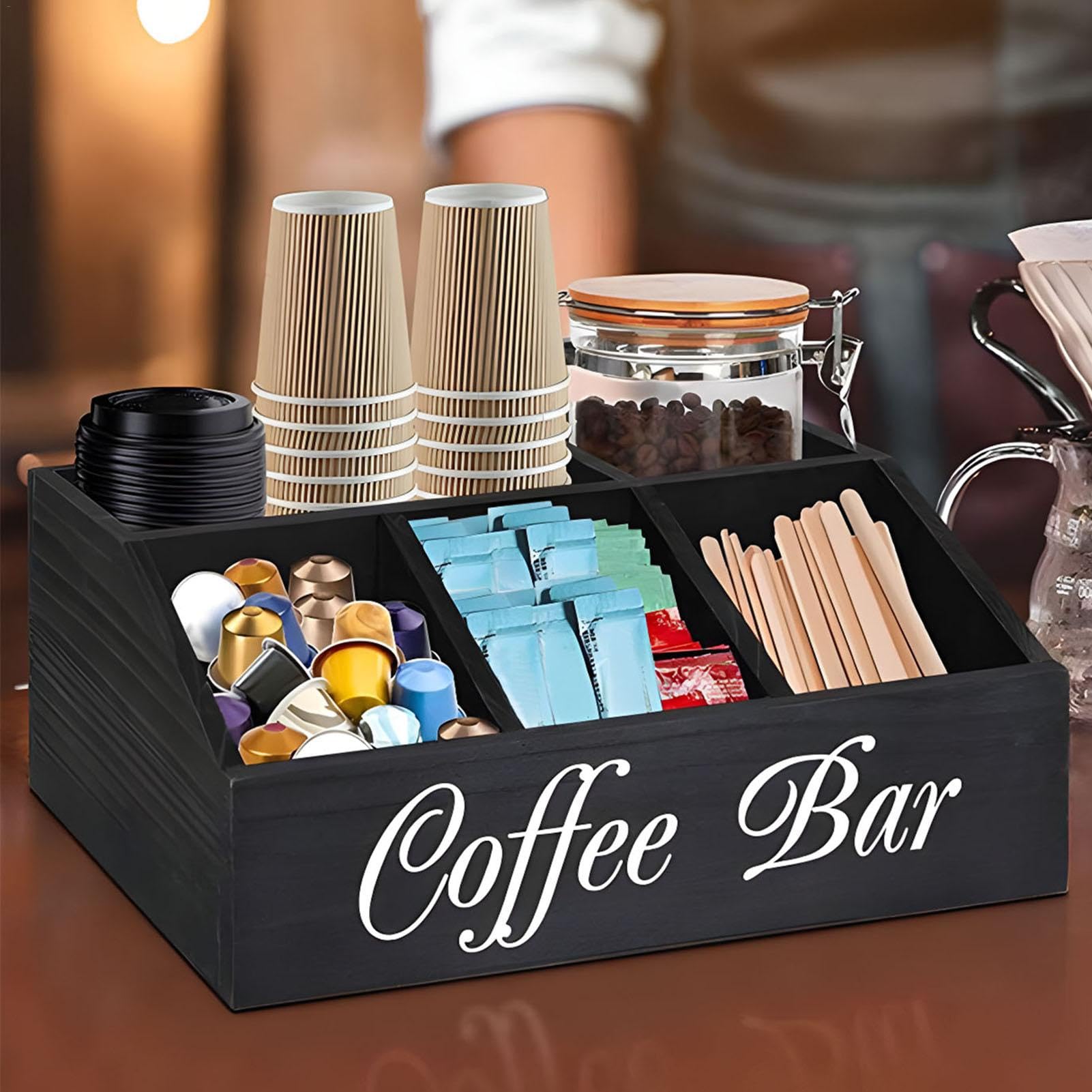 Étagère à café en bois | Organisateur de condiments de café | Plateau de rangement pour café | Panier de rangement pour dosettes de café avec séparateurs amovibles pour la maison, le bureau