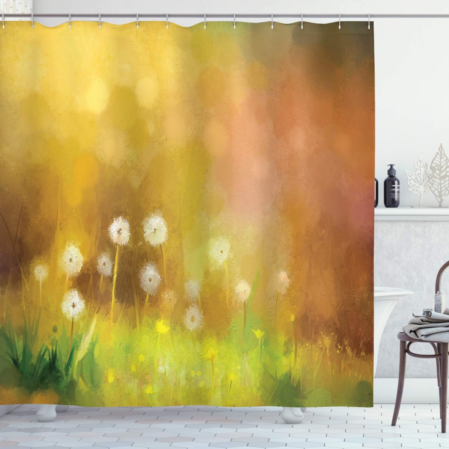 Ambesonne Watercolor Shower Curtain, Fawn Colored Scene Painting Print Inspired Meadow Bokeh Rounds Dandelions, Cloth Fabric Bathroom Decor Set with Hooks, 69" W x 70" L, Yellow Green