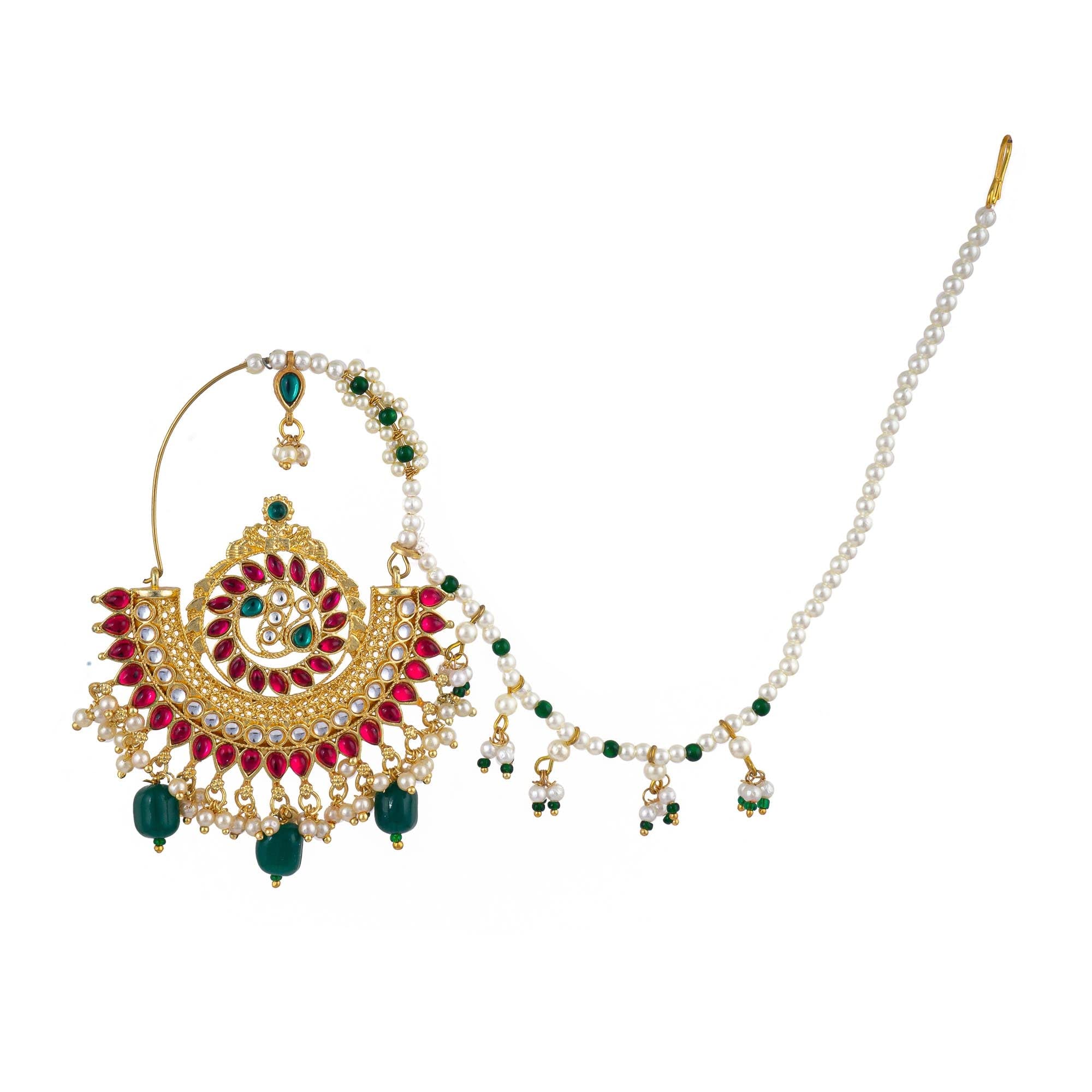 Gold Plated Brass Trendy Clip moti beads guchhedar Marathi Nath Besar For Women