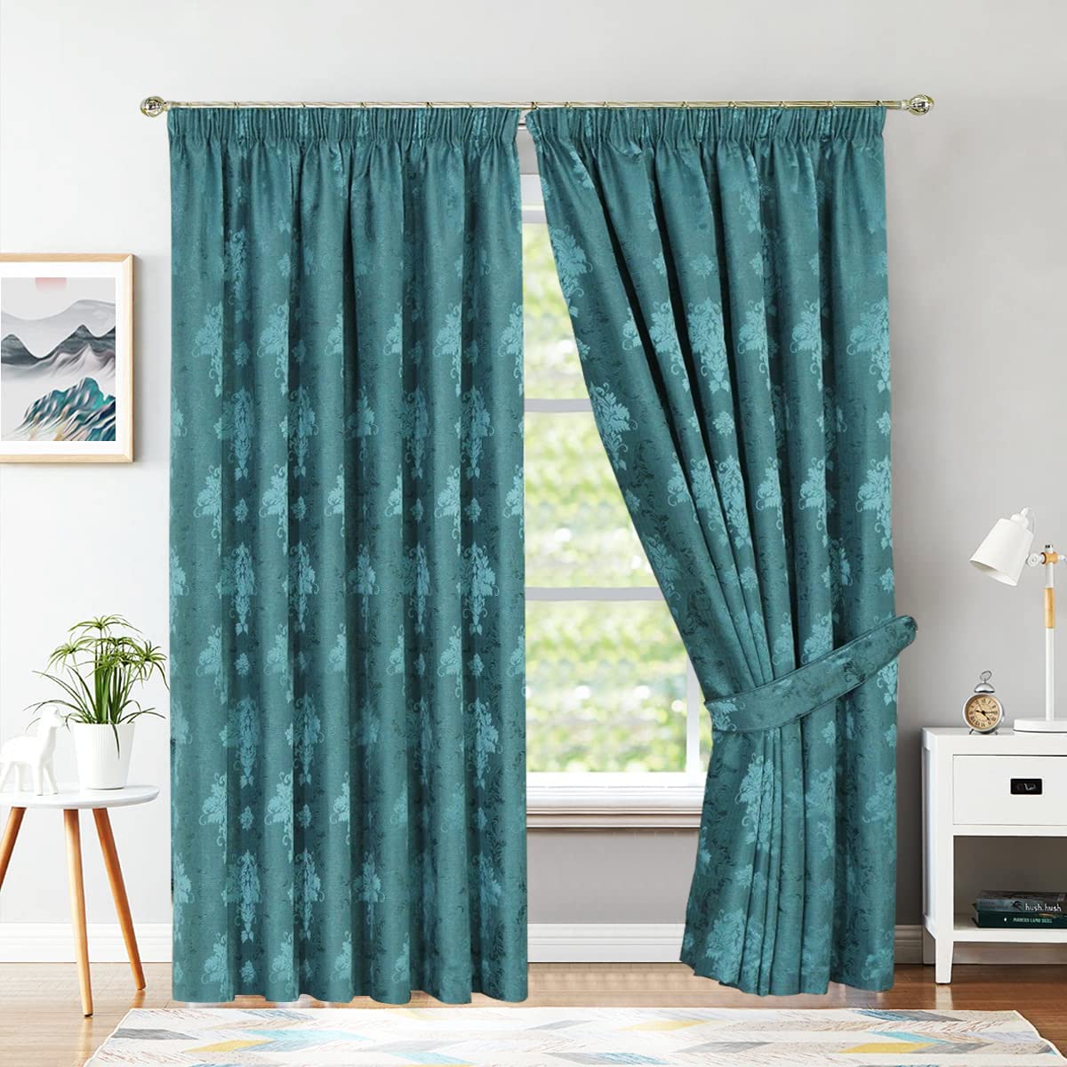 Teal Jacquard Pencil Pleat Curtains 90 x 72 Inch - Luxury Fully Lined Window Curtains for Bedroom and Living Room - Decorative Virginia Drapes Set Of 2 Panels With Tie Backs — image 1