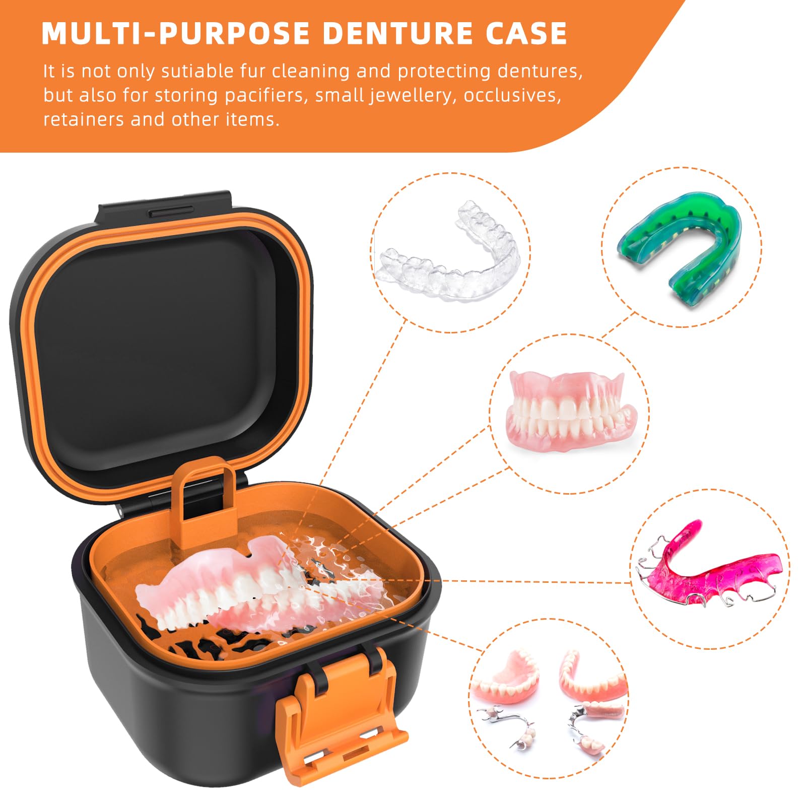 ARGOMAX Boîte de prothèse anti-fuite, boîte à prothèses dentaires portable avec tamis, pour prothèses dentaires et appareils dentaires (noir + orange).