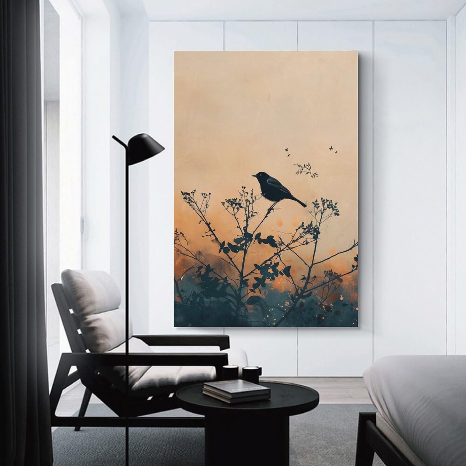 Junmoney Unframe-Style-8 Wall Picture Print Black Bird On Branch Silhouette Art, 20X30inch(50X75cm), For Feature Walls In Flats Or Modern Rooms, An Easy Match For Collected Prints