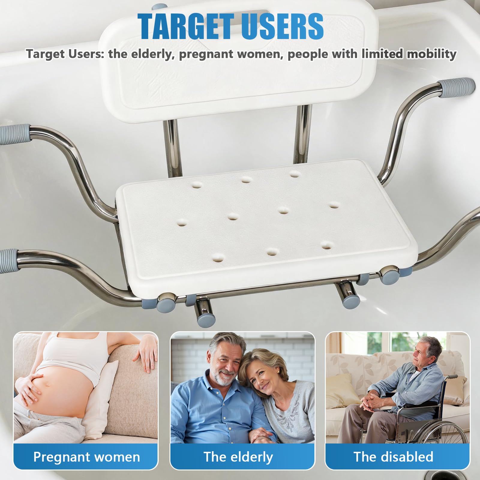Asiento Bañera Adulto, Silla de Ducha con Respaldo Ajustable Mayores | Taburete Baño Antideslizante Con pasamanos 76-86 cm Regulable Soporta 150 kg Acero Inoxidable