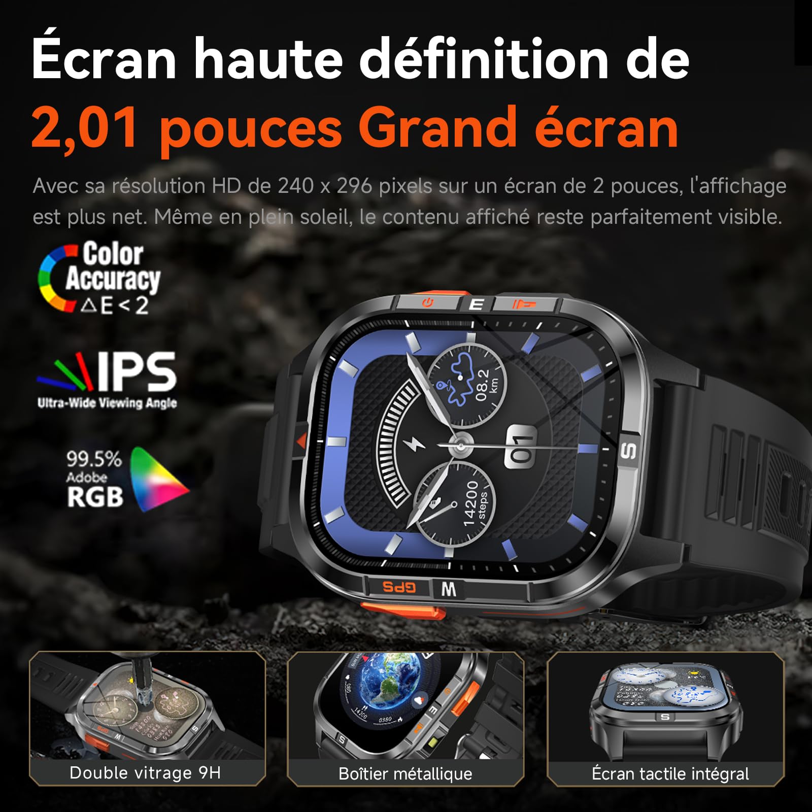 Montre intelligente GPS militaire pour hommes avec boussole/lampe de poche, montre intelligente à écran HD 2,01" avec assistant vocal/appel Bluetooth, pour Android et iOS, Montre Fitness de sport