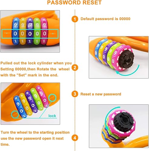 Miniatura 4 de Cable de bloqueo de bicicleta  Candado de cable reiniciable de 4 pies  Candado de bicicleta con combinación de 5 dígitos autoenrollable (naranja)