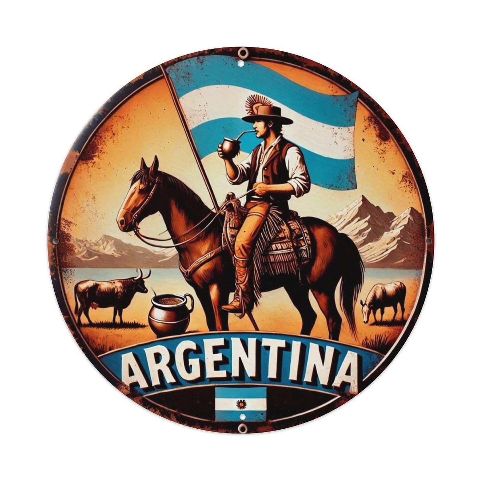 Jdyansheng Vintage Argentine Gaucho Horse Flag Scene Tin Sign Metal Poster Metal Signs For Home Man Cave Bar Cafe Kitchen Laundry Room Wall Decorations 8X8 Inches