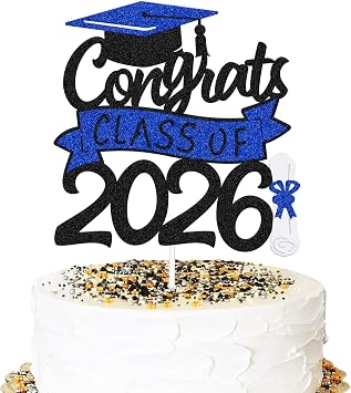 Congrats Class of 2026 Cake Topper Congrats Grad Cap Diploma Theme for High School Happy Graduation Party Supplies College Graduate Decoration Black and Blue