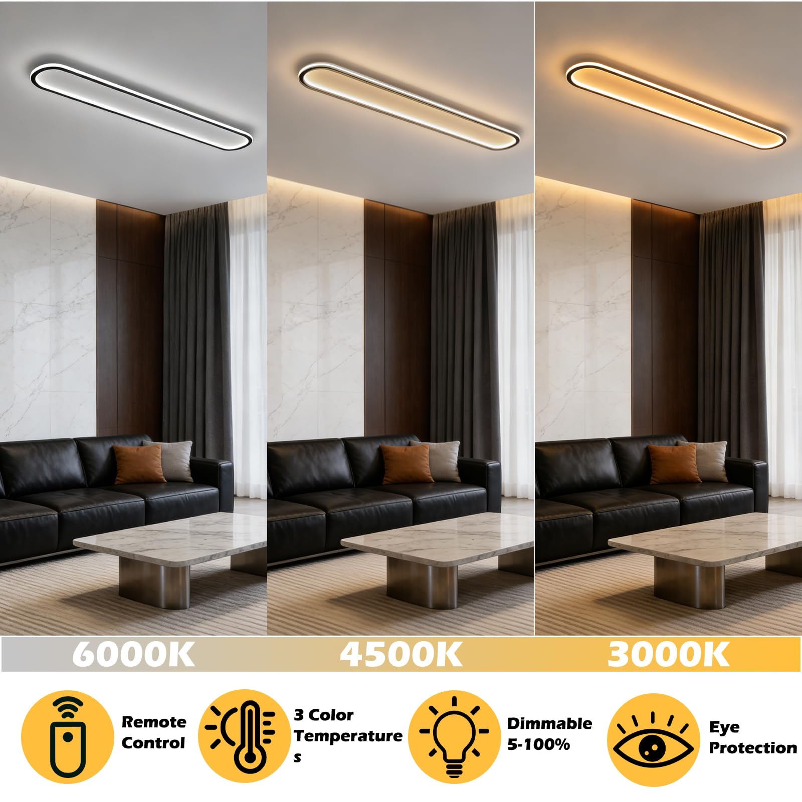 LED Deckenleuchte Lang 120CM mit Fernbedienung, 50W 4000lm, Schwarz | Deckenlampe Dimmbar, 3000K-6000K Lichtfarbe, 5%-100% Helligkeit, Flache Bauhöhe, Metallgehäuse für Flur, Küche