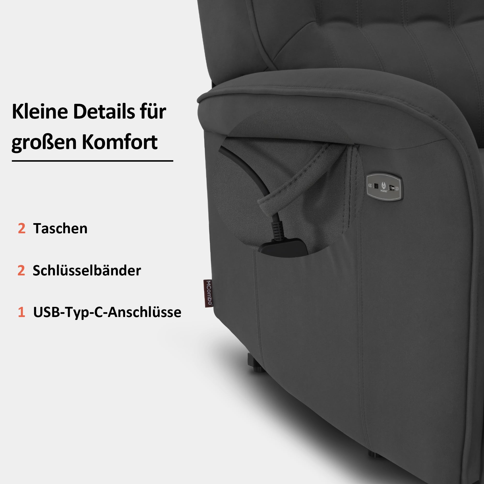 M MCombo Fernsehsessel mit Aufstehhilfe Elektrisch 2 Motoren, mit Massage & Heizung, Relaxsessel mit Liegefunktion bis 160° 35D Vollschaum-Sitzkissen 7584 (Mikrofaser, Grau)