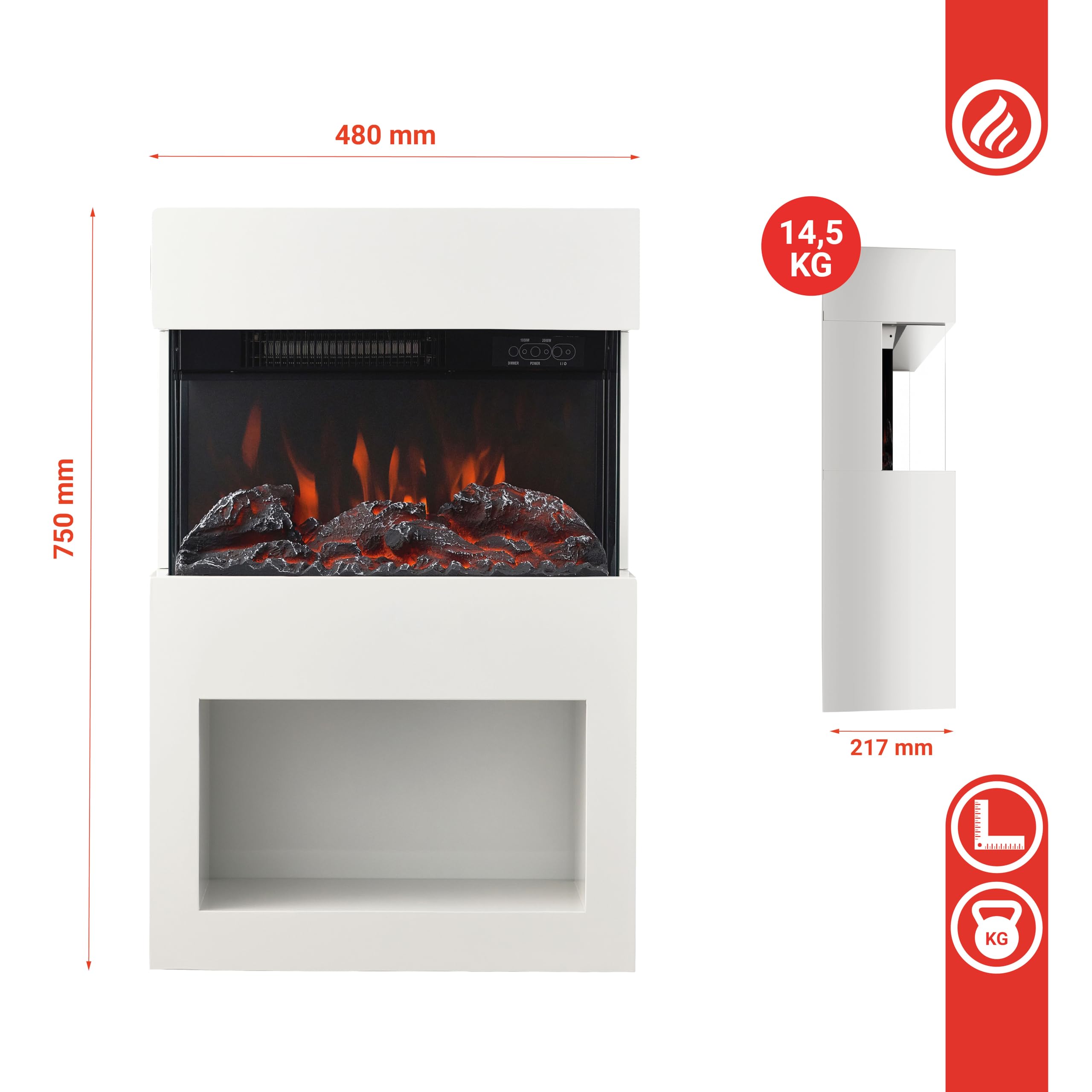 KAMINIO Camino elettrico HENRI - Stufa elettrica con riscaldamento, effetto fiamma 3D, vano portalegna, luce ambiente a LED, telecomando (Bianco)