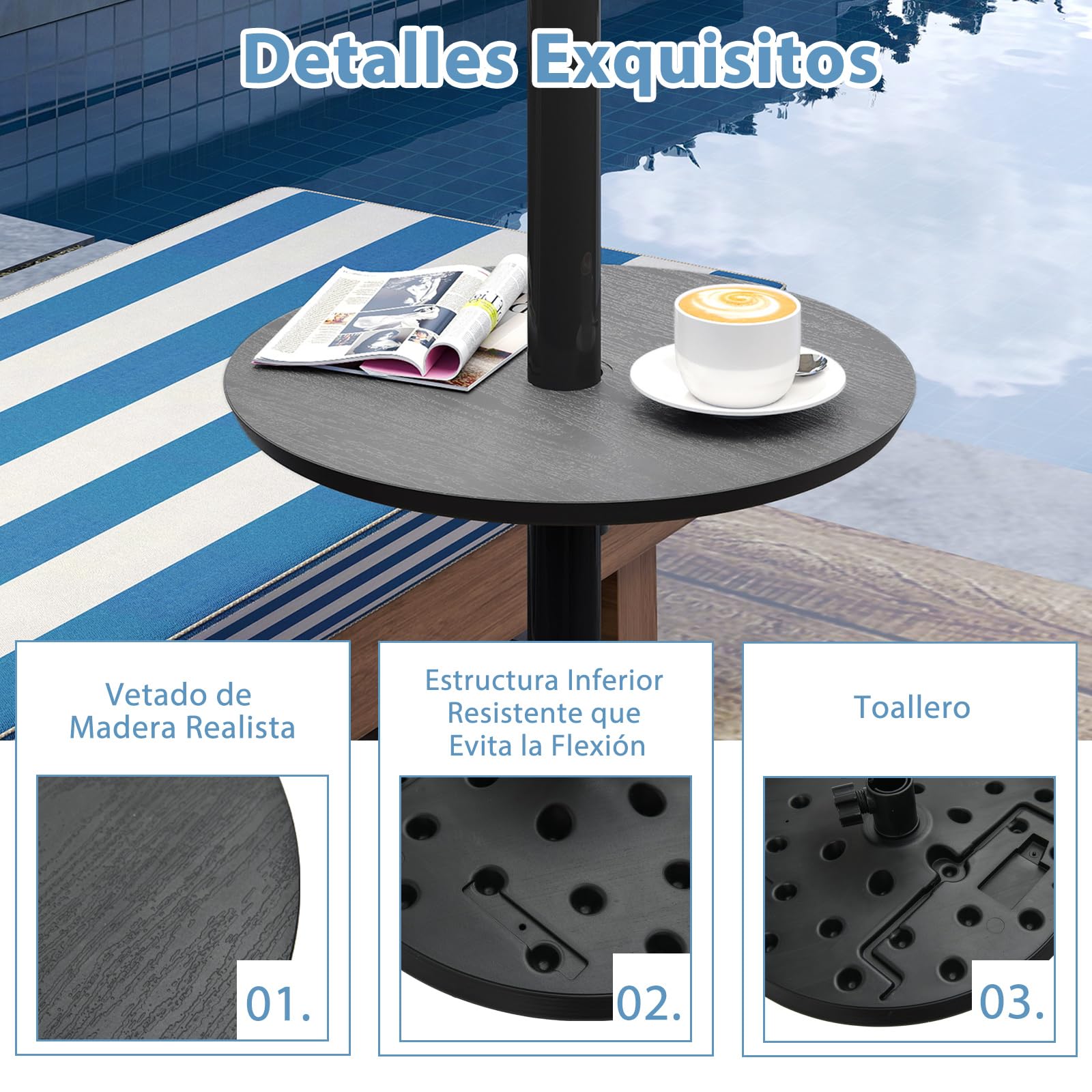 COSTWAY 50 cm Mesa para Sombrilla Ajustable para Exteriores, Bandeja Redonda para Sombrilla de 38 mm y 48 mm, Mesa Lateral Portátil y Ligera para Piscina Playa Jardín (Negro)