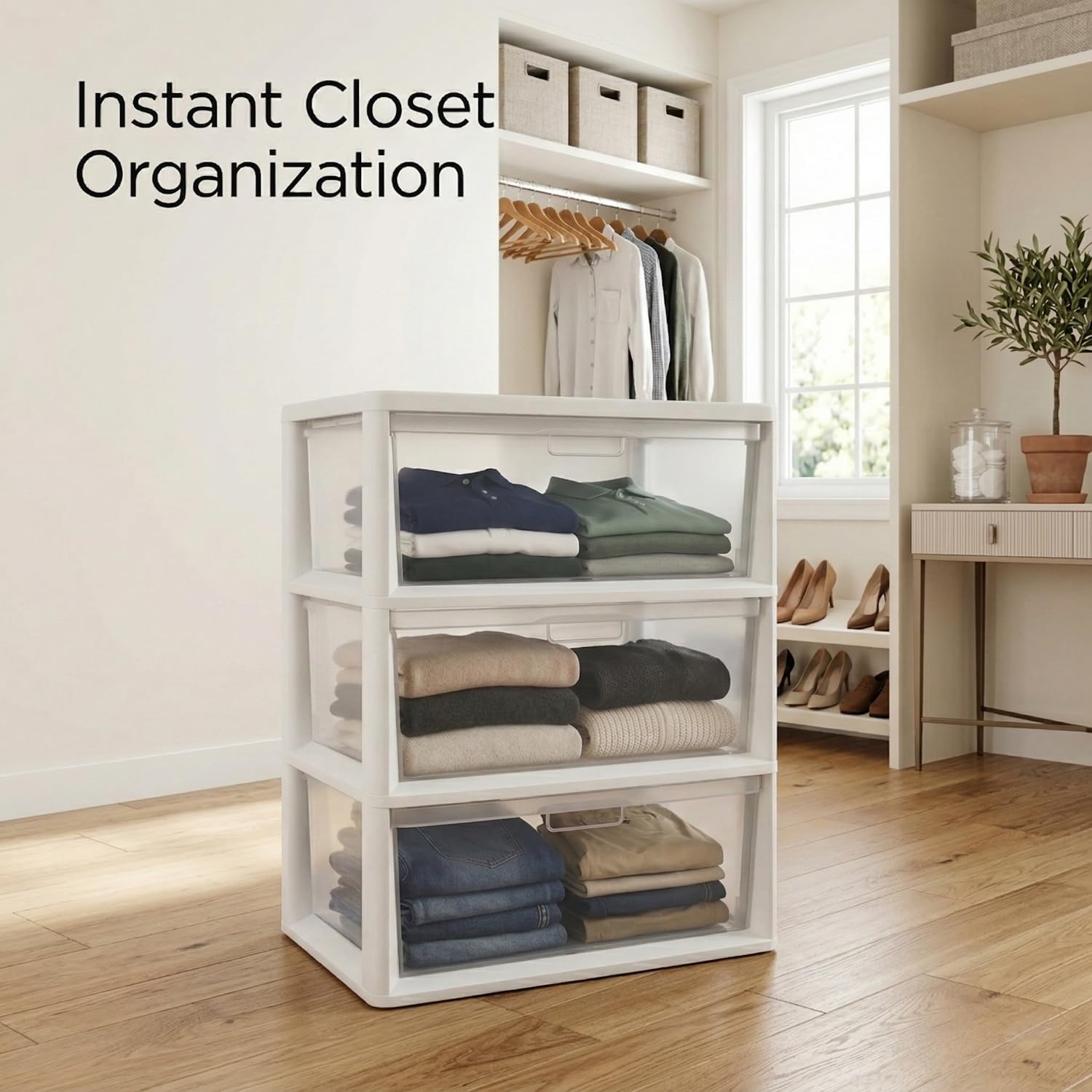 Wide 3 Drawer Plastic Storage Tower with Clear Removable Bins, 15.6" x 21" x 25.2" Organizer Unit with Drawer Stops and Easy-Pull Handles for Closet, Dorm, and Office Organization, White