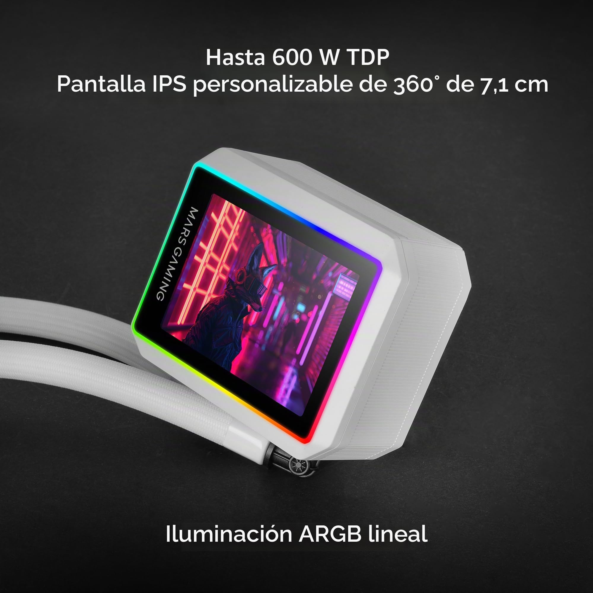 Mars Gaming ML-VISIONII360 Refrigeración Líquida AIO 600W TDP, Pantalla IPS 2,8" 360º, Bomba 4ª Gen Opti-Chamber con Base de Cobre y Microcanales, 3x Ventiladores 120mm ARGB Infinity Mirror, Blanco