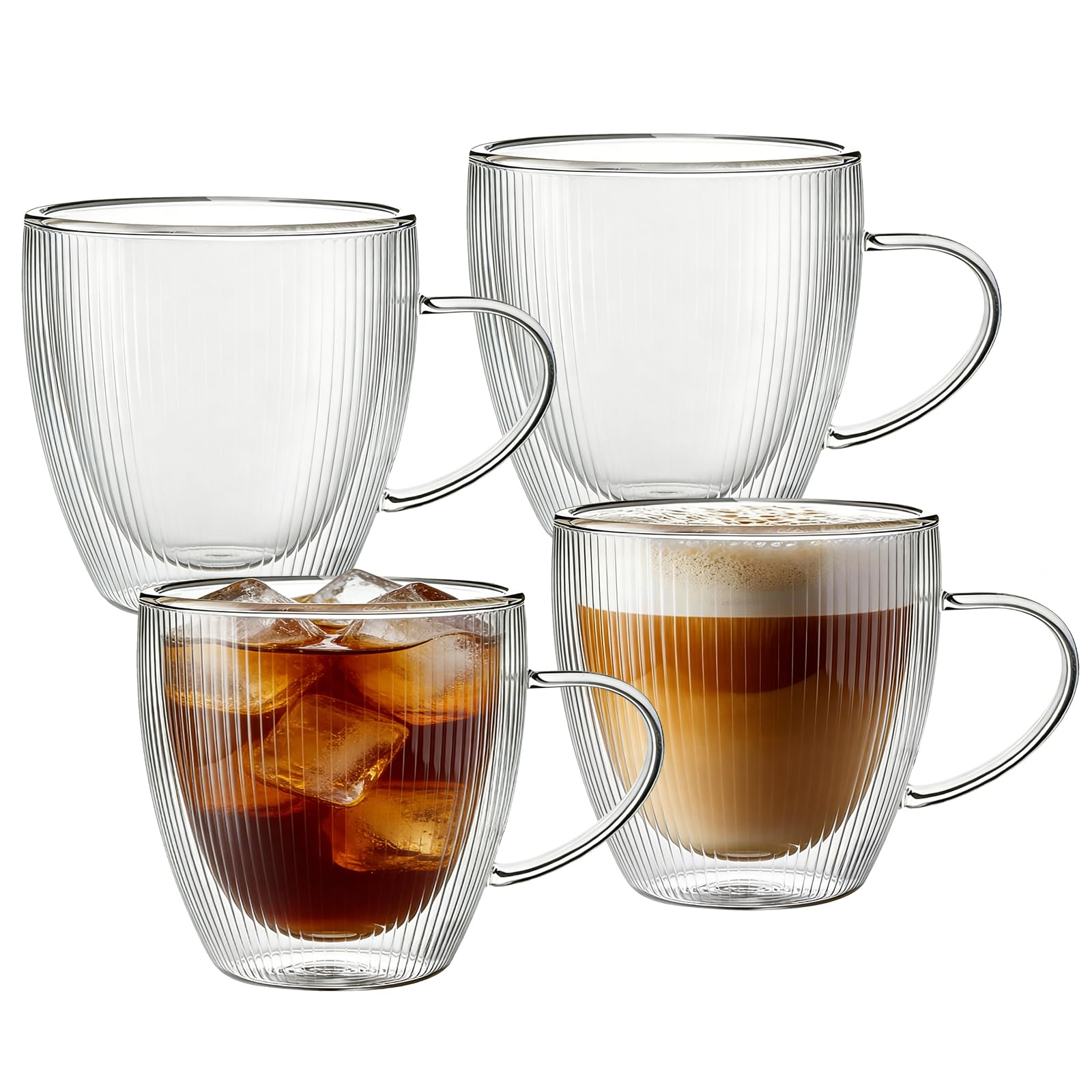 Set of 4 Double Walled Glass Mug Set, 250ml Double Walled Insulated Drinking Glass Coffee Mugs with Handle, Insulated Layer Coffee Cups, Clear Glass Mugs for Latte, Cappuccinos, Tea Bag, Juice