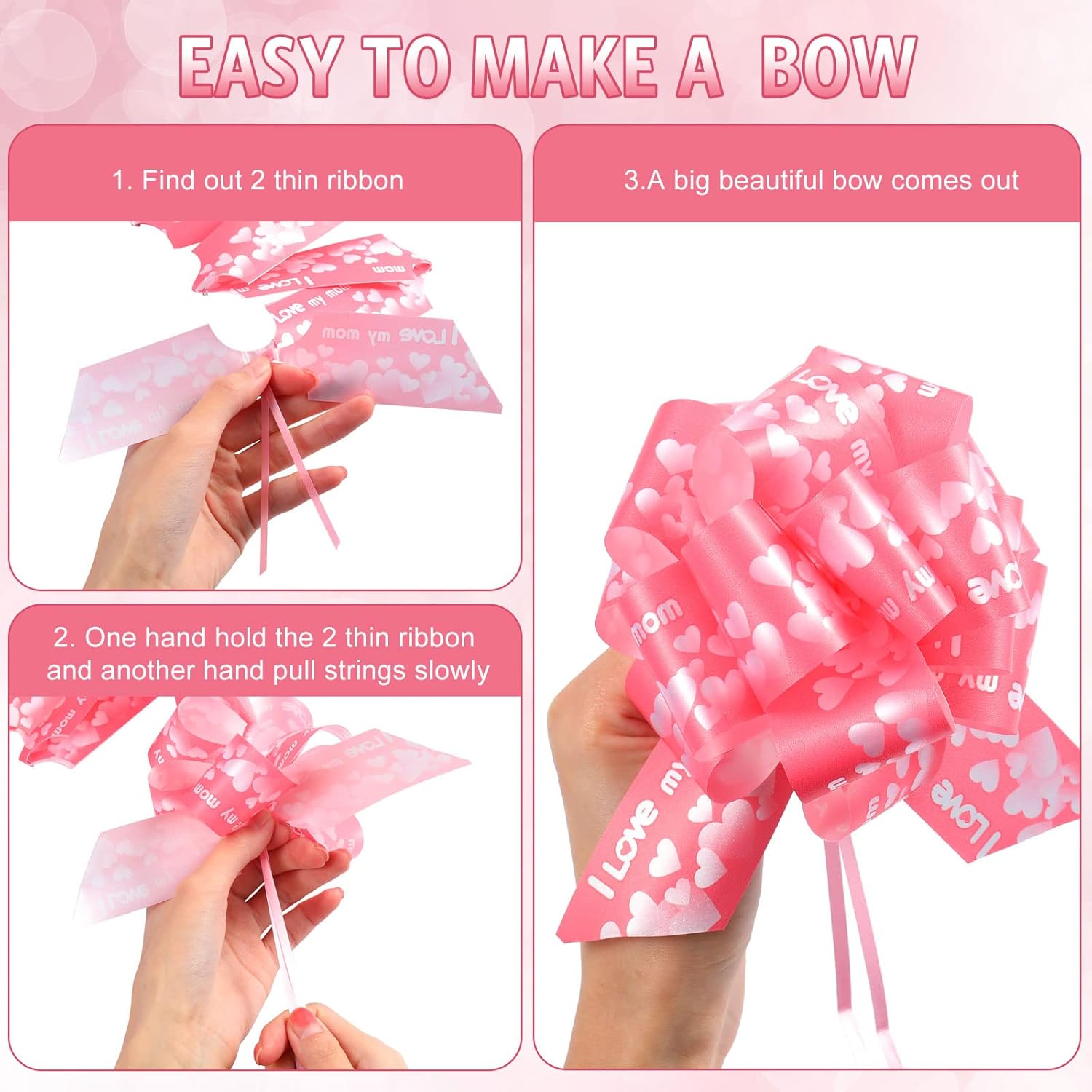 Syhood 20 Pcs Pull Bow for Gift Wrapping Baskets Mother's Day Birthday Pull Ribbon String Bows Assortment 6 Inch Red Pink Heart Valentine's Day Gift Wrapping Accessory for Mom Present Bouquet Crafts - Image 7