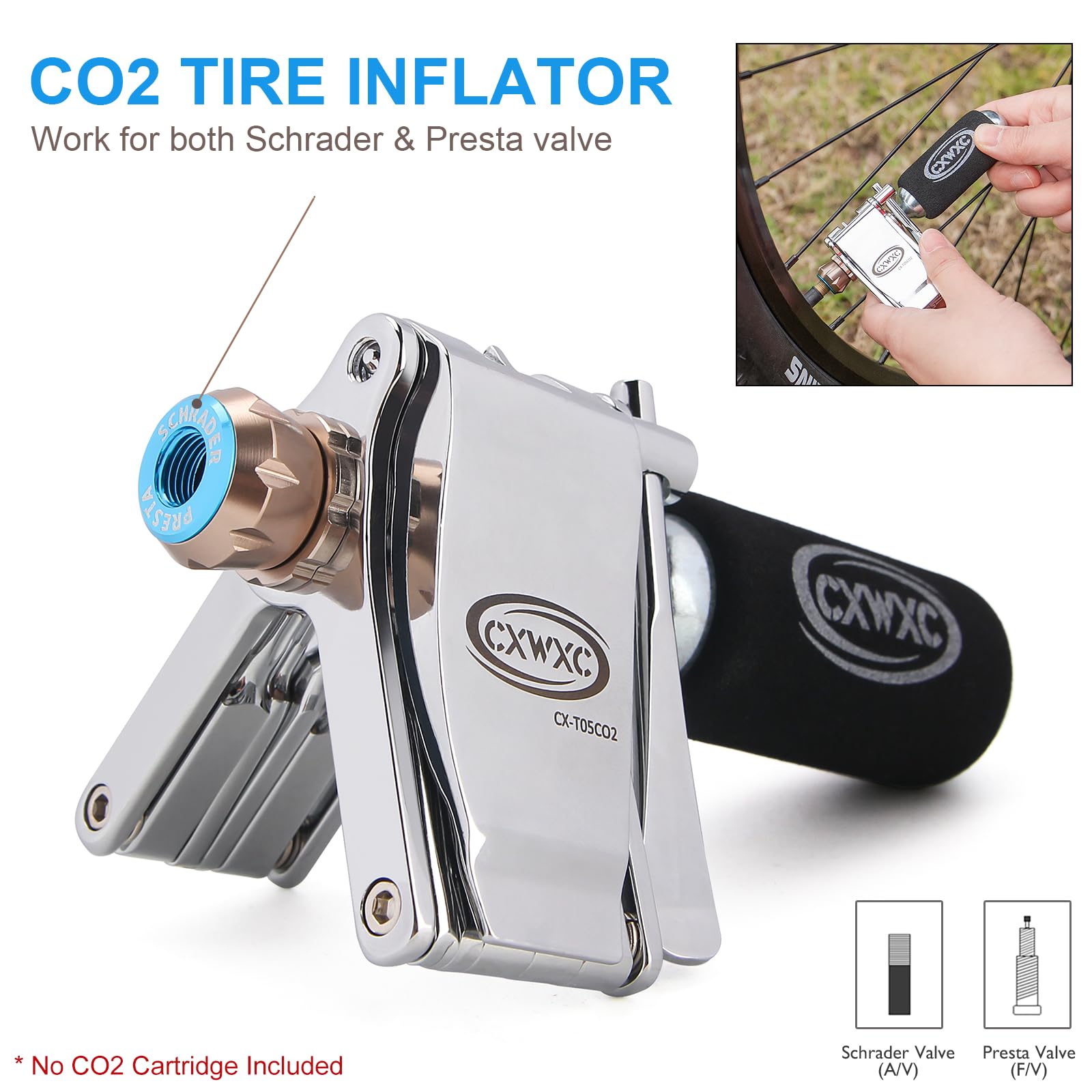 CXWXC Outil multifonction pour vélo avec pompe à cartouche de CO2, kit d'outils multifonctions, compact et léger, pour vélo de route, VTT, vélo de ville