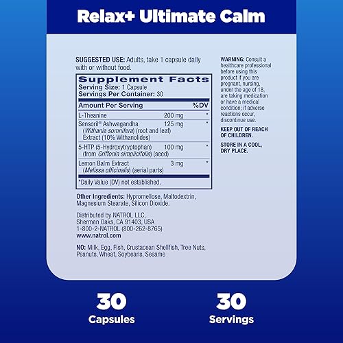 Miniatura 4 de Natrol Relax + Ultimate Calm con Ashwagandha, 5-HTP, L-teanina y bálsamo de limón, suplemento dietético sin medicamentos ayuda a reducir el estrés y