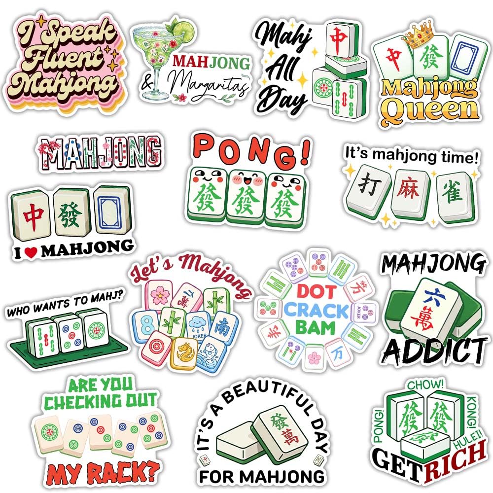 MAIANEY (15Pcs, 3in) Mahjong Stickers Pack, Funny Mahjong Tile Vinyl Decal Set for Laptop Water Bottle Phone Case Notebook Scrapbook, Cute Waterproof Mahjong Lover Stickers Gift Idea for Board Game