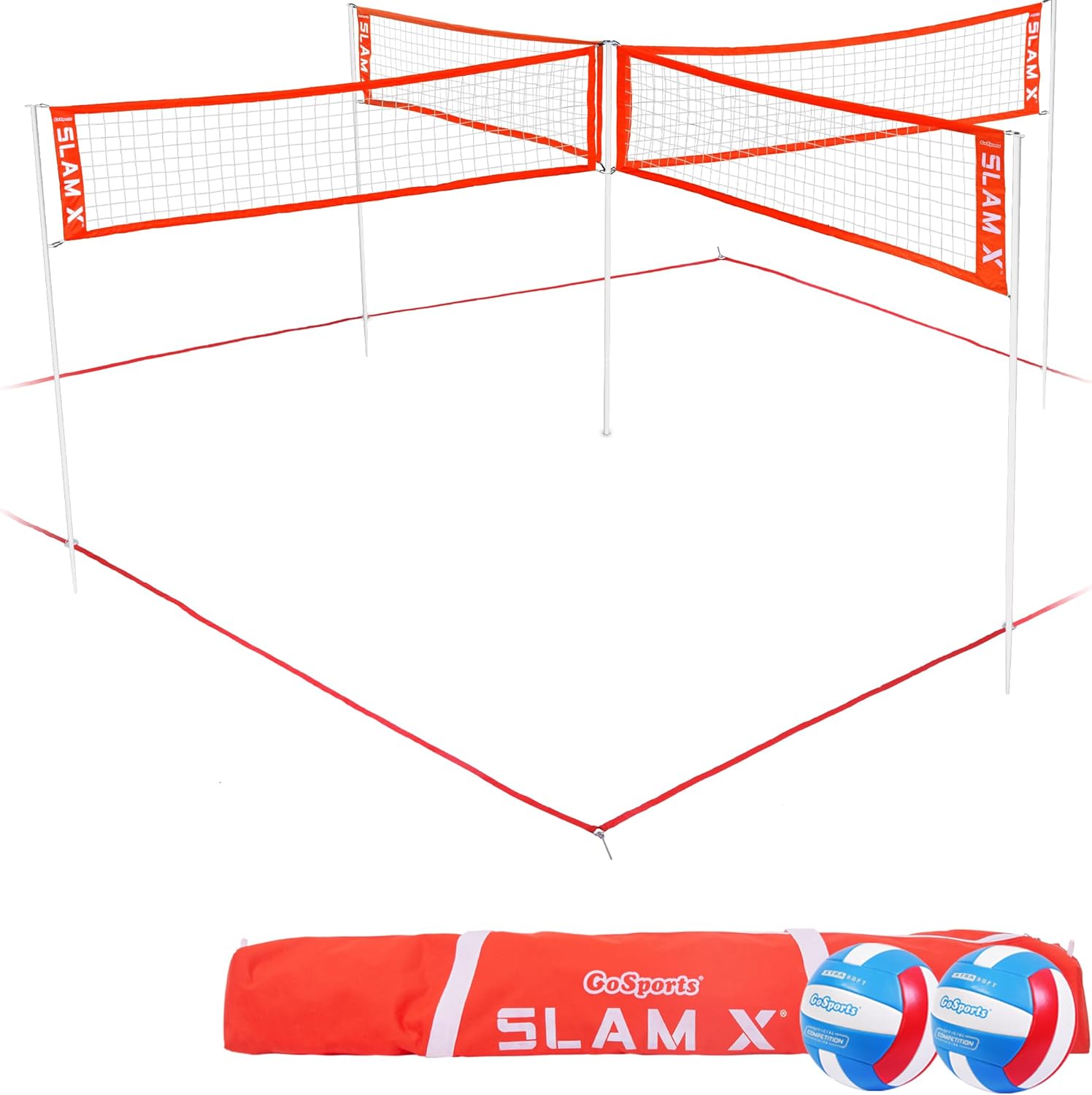 GoSports Slam X 4 Square Volleyball Game Set - 14 ft or 21 ft - Ultimate Backyard & Beach Game for All Skill Levels